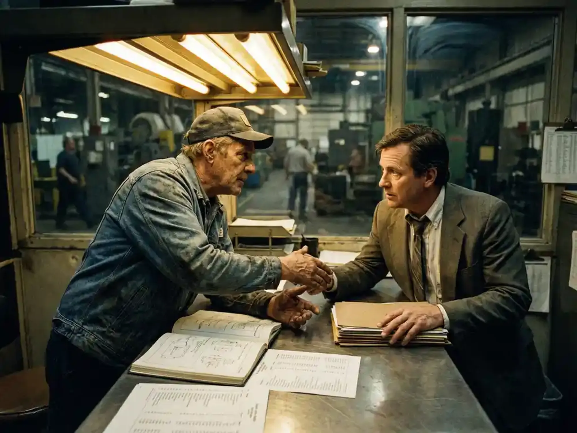 Industriële arbeider en manager schudden handen over salarisdocumenten in fabriekskantoor tijdens werkoverleg