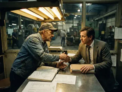 Industriële arbeider en manager schudden handen over salarisdocumenten in fabriekskantoor tijdens werkoverleg