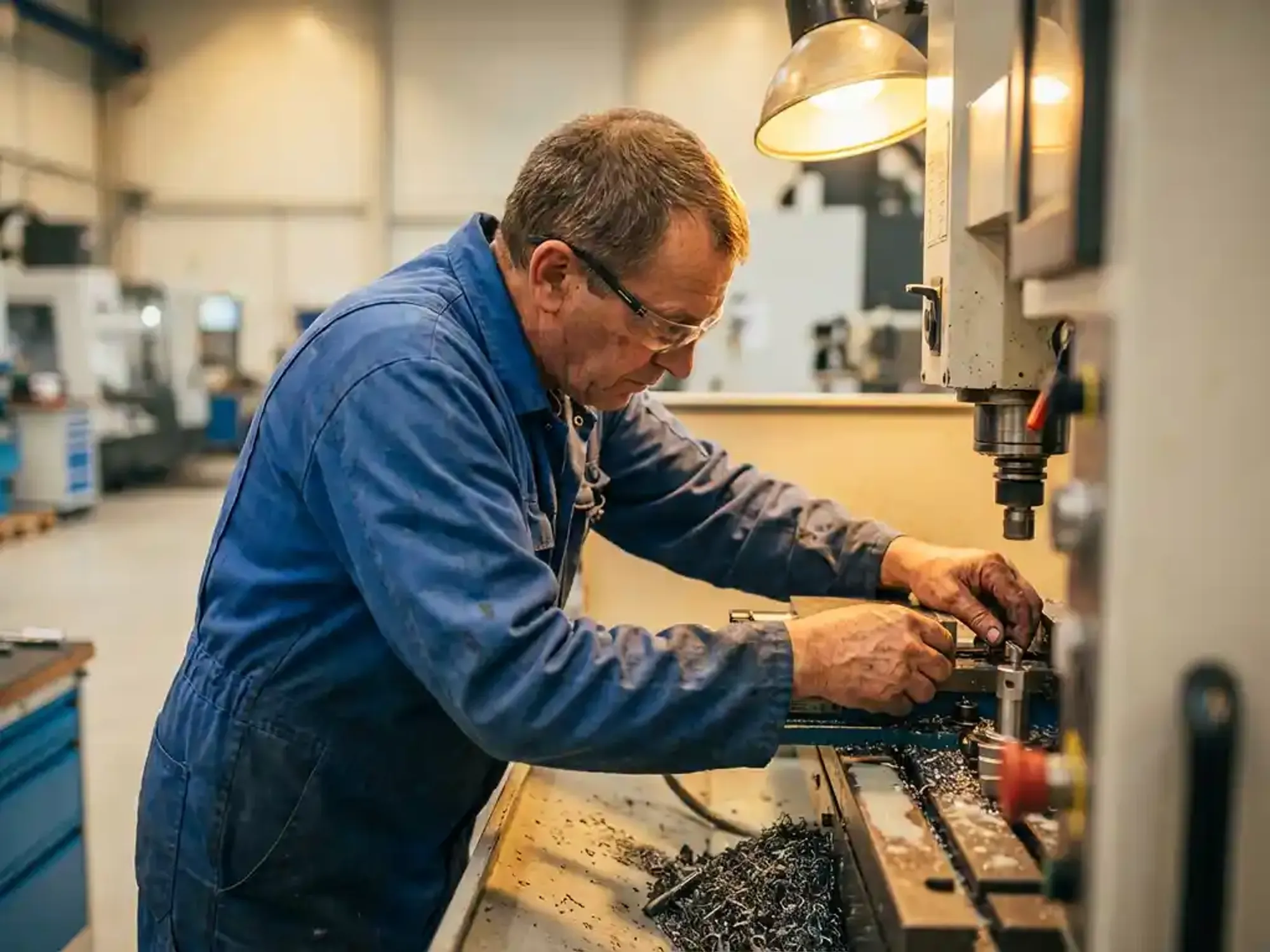 Machinist in blauwe werkkleding stelt precisiecomponenten af op grote CNC-freesmachine in moderne fabriek