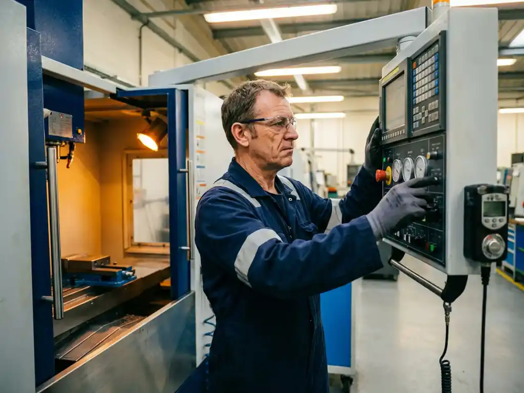 Machineoperator in blauwe overall bedient CNC-freesmachine in moderne industriële werkplaats met betonnen vloeren