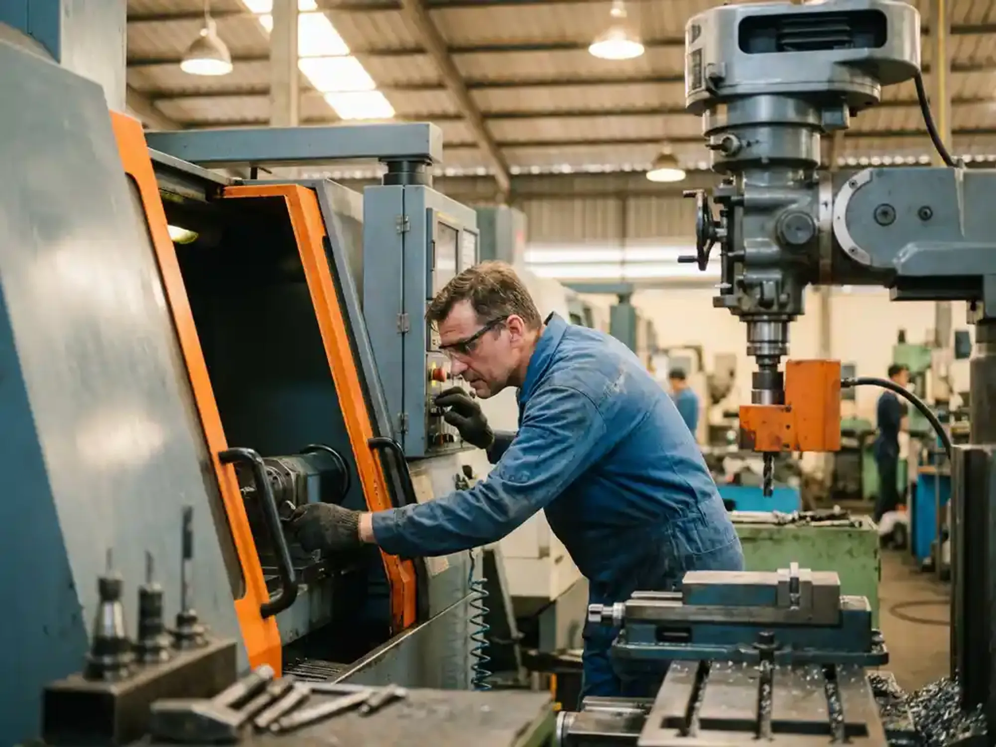 Machineoperator in blauwe werkkleding inspecteert stilstaande CNC freesmachine op industriële productievloer