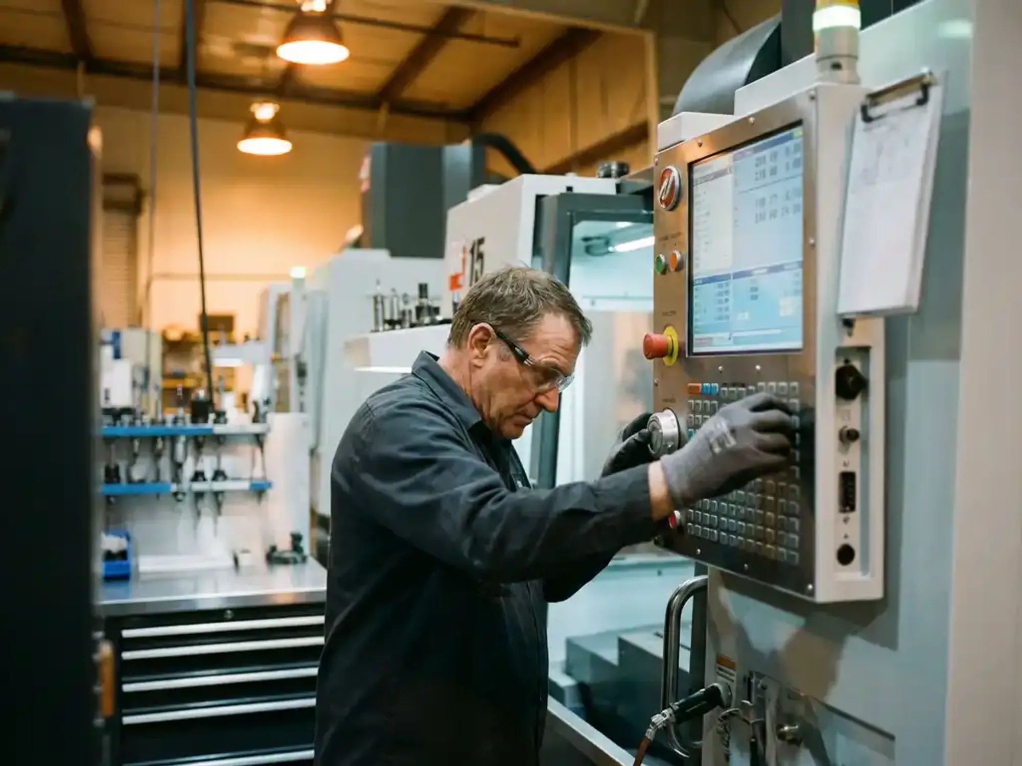 Machinist past precisieregeling aan op moderne CNC-freesmachine in industriële werkplaats met warme verlichting