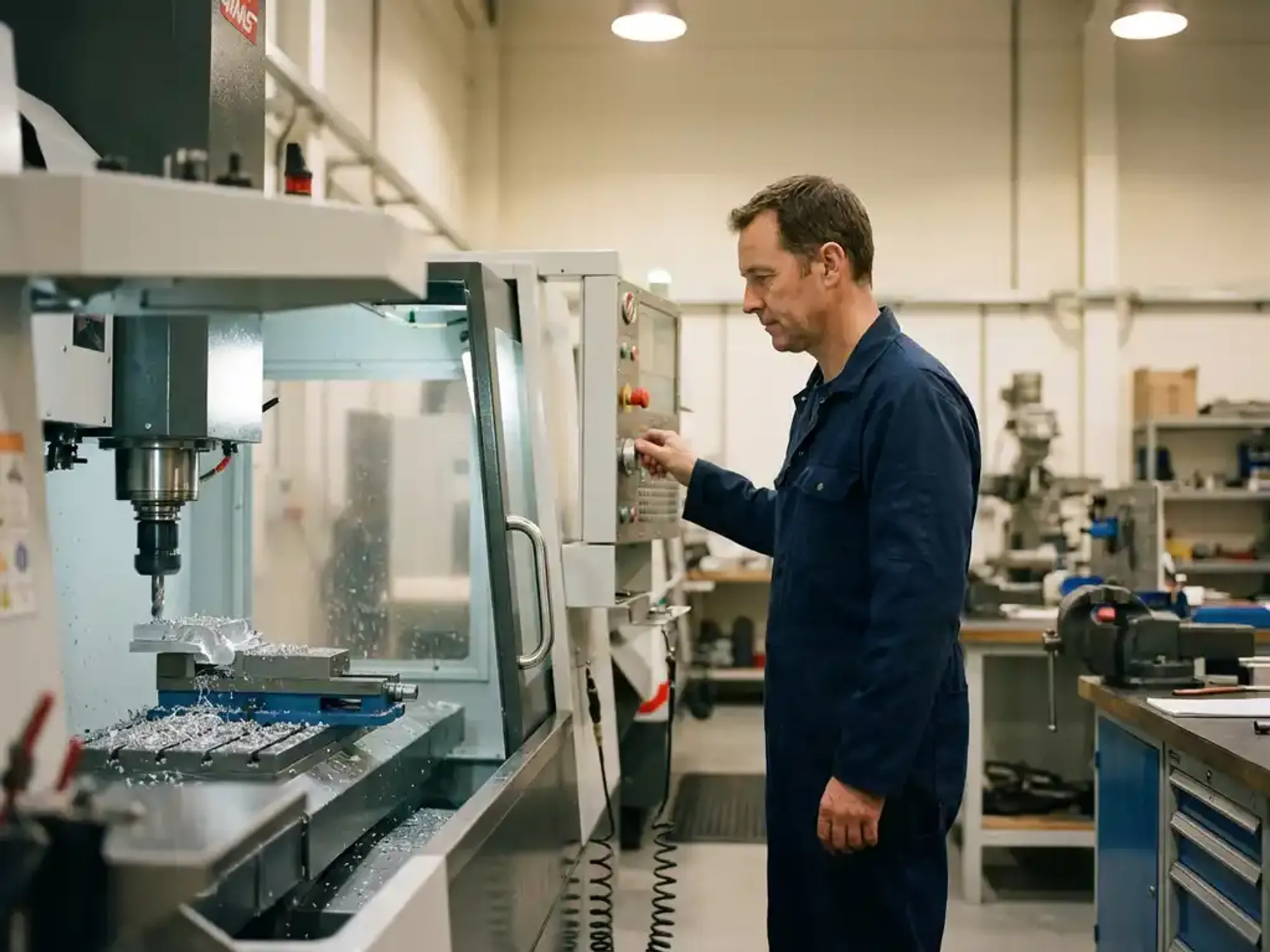 Machineoperator in blauwe overall stelt precisiebesturing van CNC-freesmachine bij in moderne industriële werkplaats