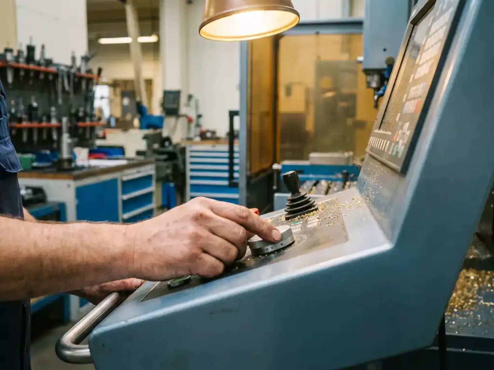 Machineoperateur past precisiecontroles aan op CNC-freesmachine in industriële werkplaats met gereedschapsrekken
