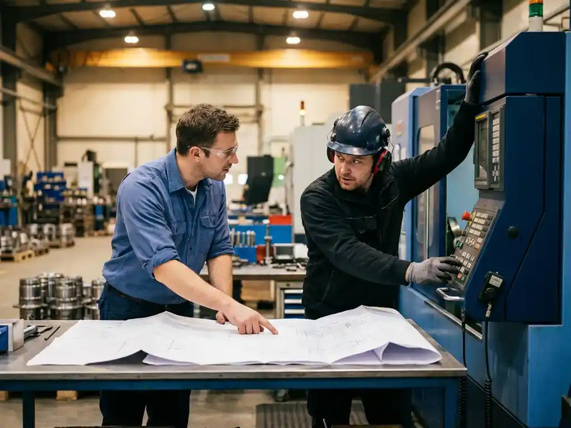 Ingenieur in blauw werkhemd wijst naar technische tekeningen terwijl machinist CNC-machine afstelt in moderne fabriek