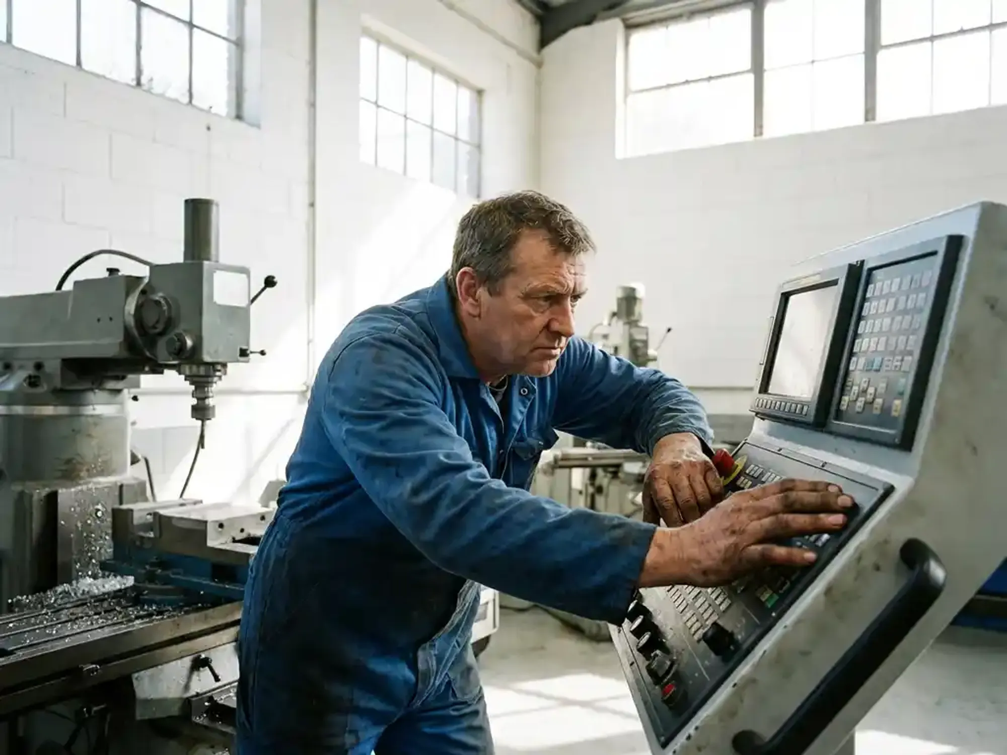 CNC-machineoperator in blauwe werkkleding past precisiebesturing aan op industriële freesmachine in moderne fabriek