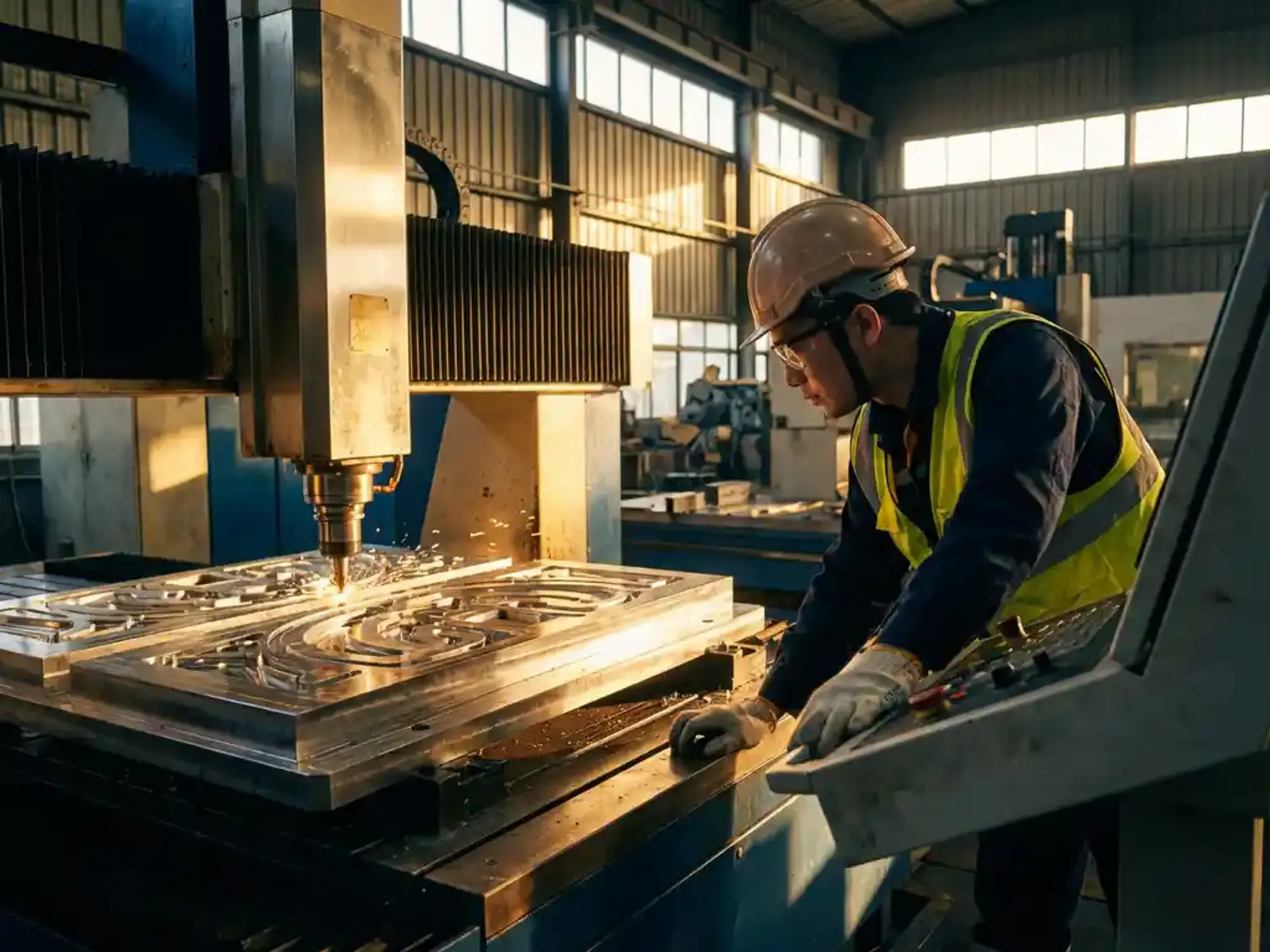 Vakkundige technicus in veiligheidsuitrusting bedient CNC-machine in moderne industriële werkplaats met warme verlichting