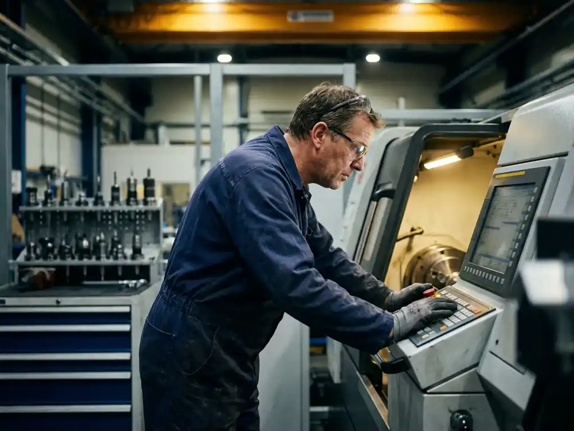 Industriële arbeider in donkerblauwe overall bedient precisie CNC-machine in moderne productiefaciliteit