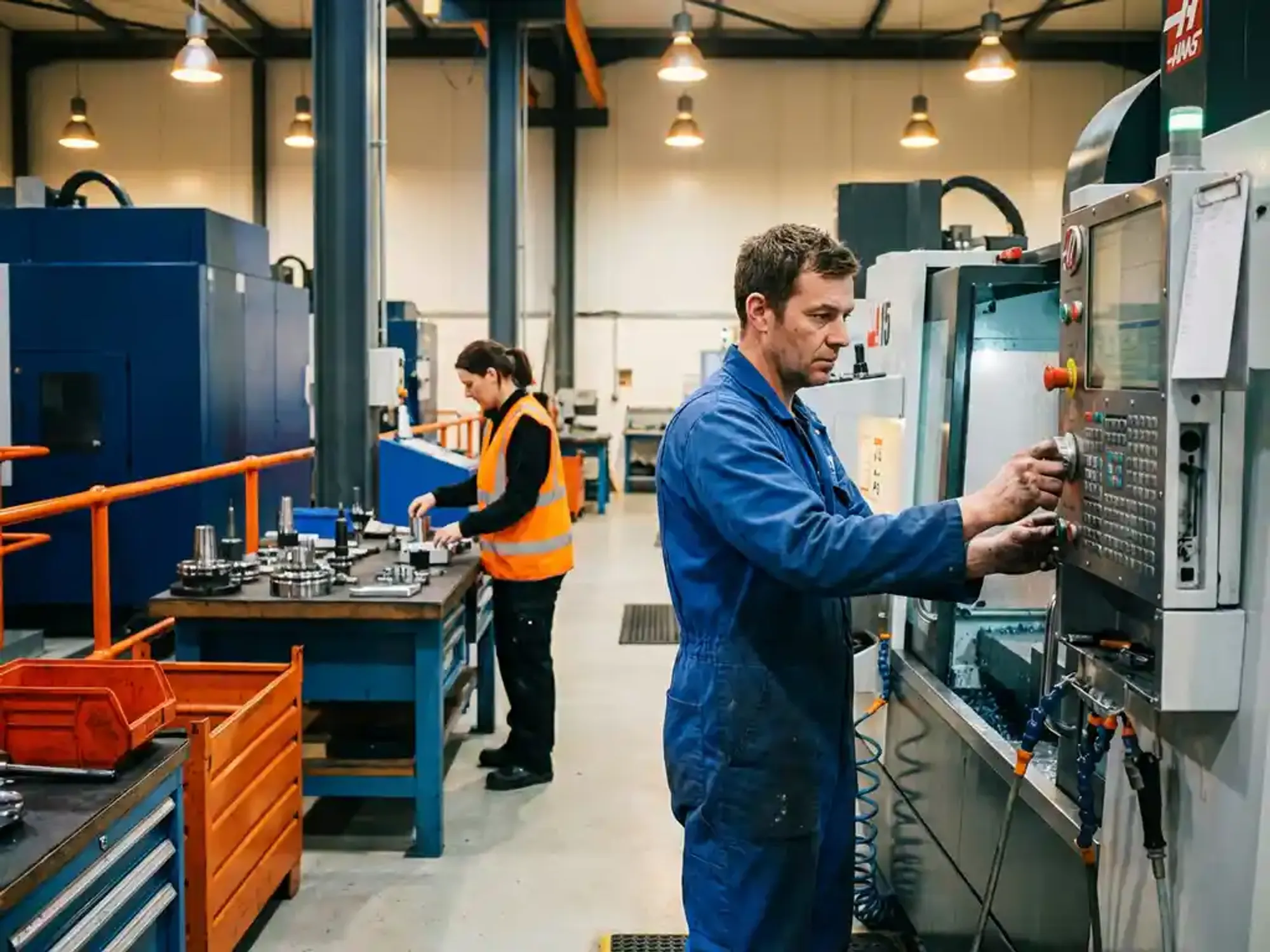 CNC-machineoperator in blauwe werkkleding stelt precisiebesturing af terwijl productiewerker in veiligheidsvest metalen onderdelen organiseert op moderne fabrieksvloer
