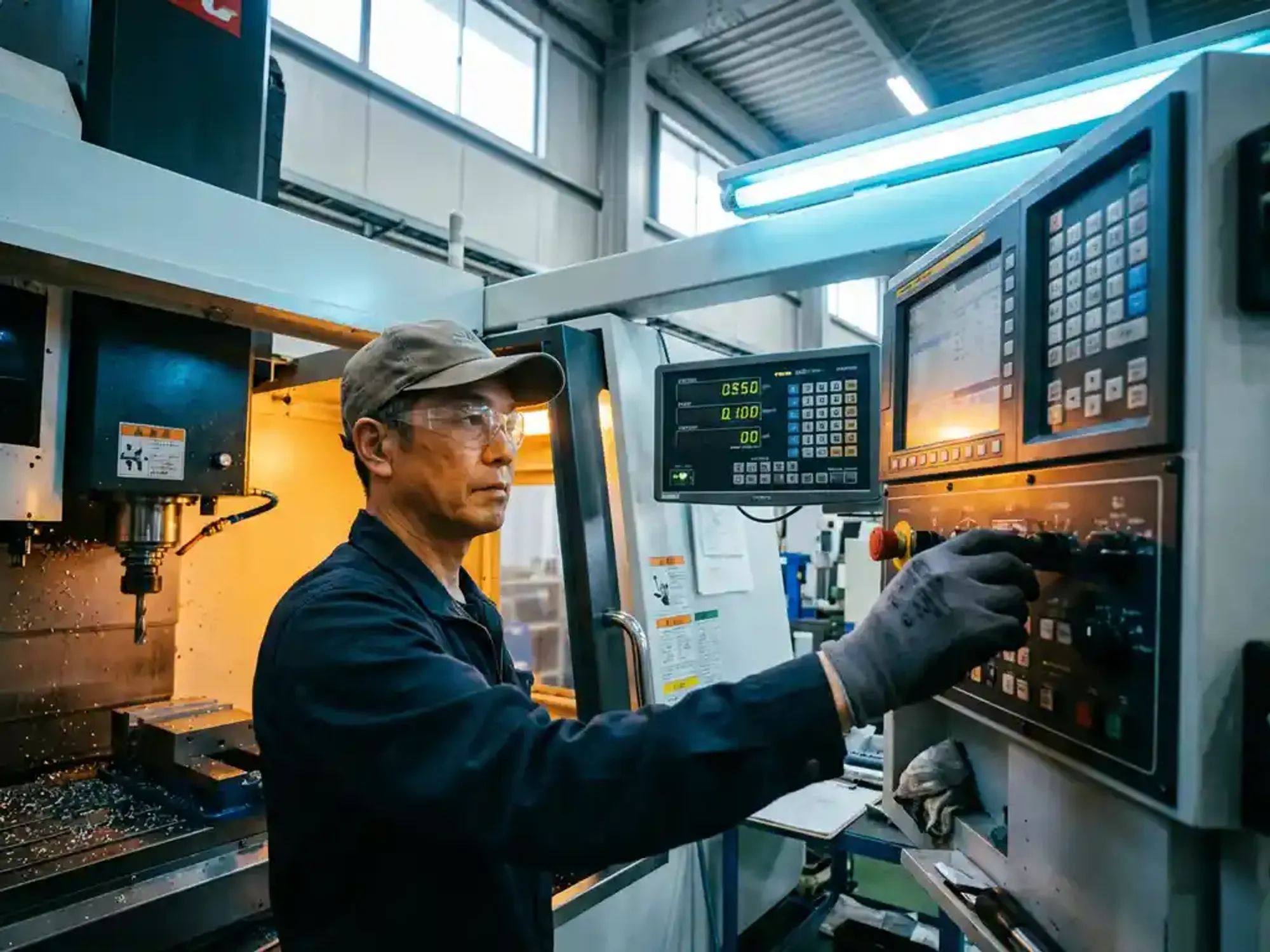 Industriële operator stelt precisiecontroles bij op grote CNC-freesmachine in moderne productiefaciliteit