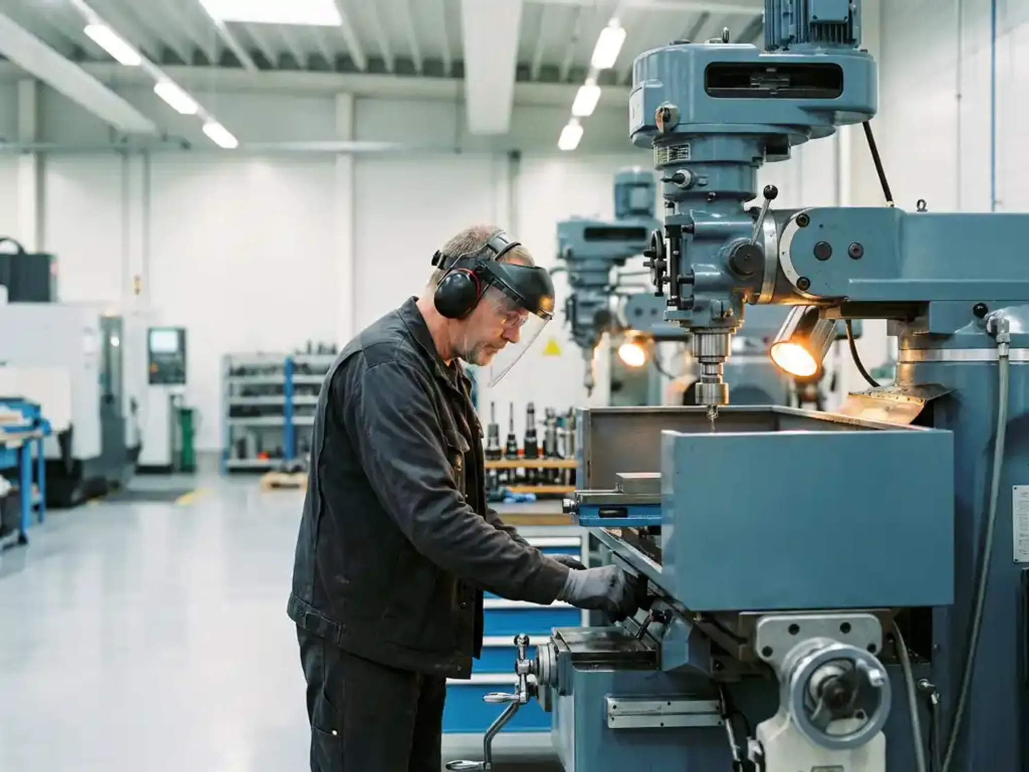 CNC-machineoperator in veiligheidsuitrusting bedient precisiebesturing van industriële freesmachine op moderne productiehall