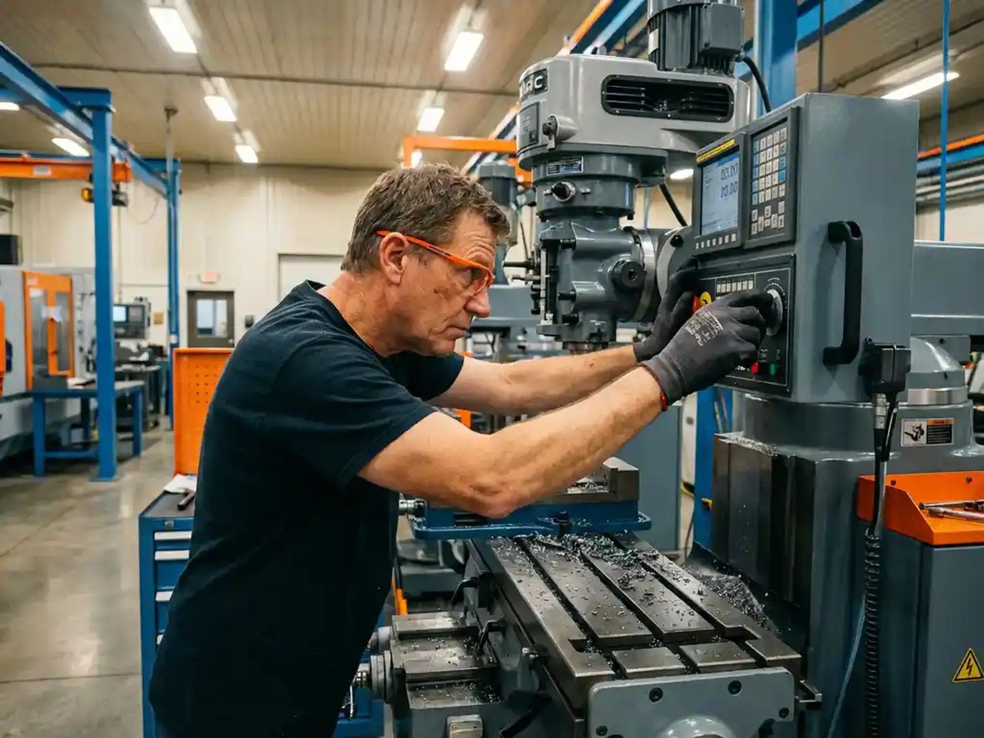 CNC-machineoperator met oranje veiligheidsbril past precisiebesturing aan op industriële freesmachine in moderne fabriek
