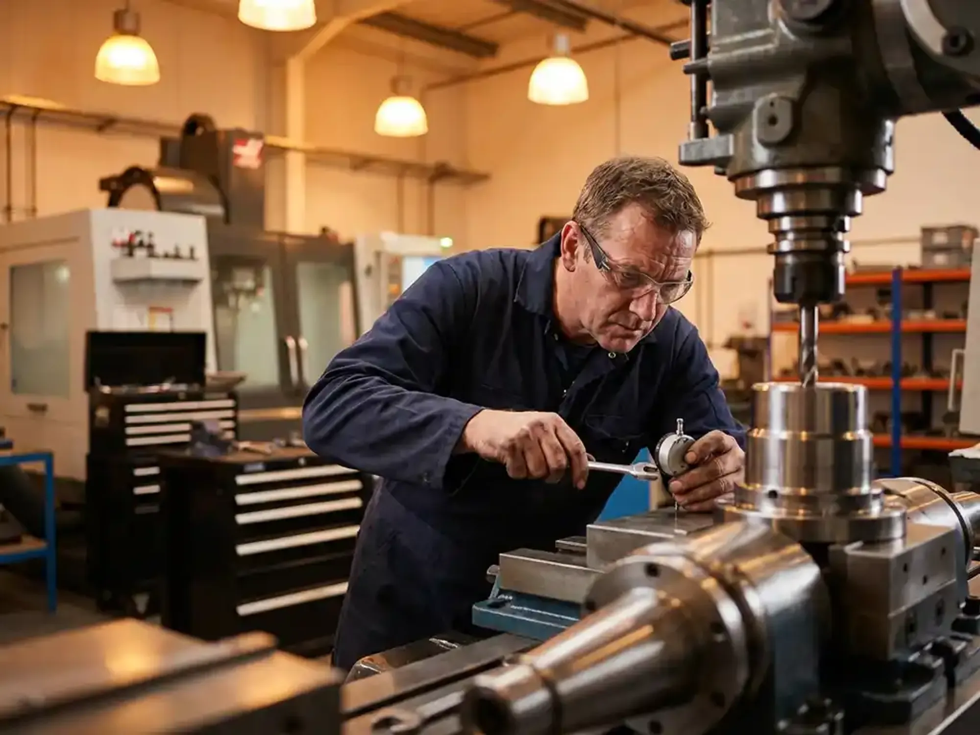 Machinist in blauwe overall stelt precisieonderdelen af op industriële CNC-machine in moderne werkplaats