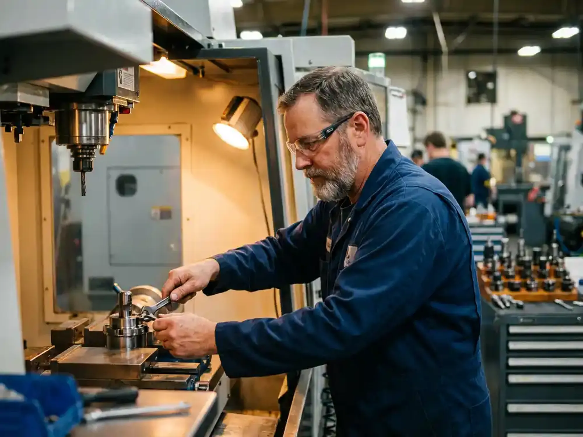 Machinist stelt precisiecomponenten bij op industriële CNC-machine in moderne productiefaciliteit