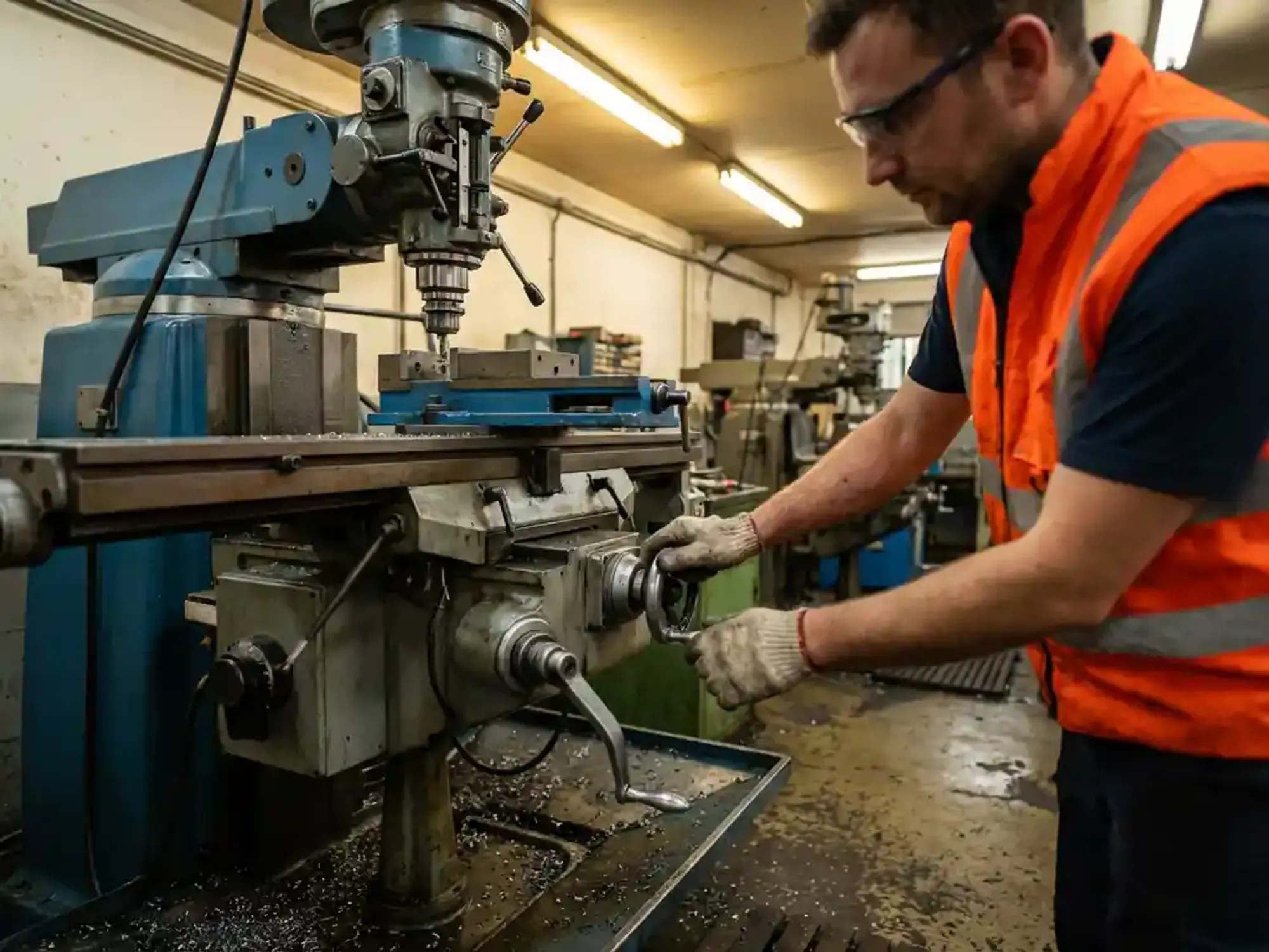 CNC-operator in oranje veiligheidskleding stelt precisie-instellingen bij op industriële freesmachine in werkplaats