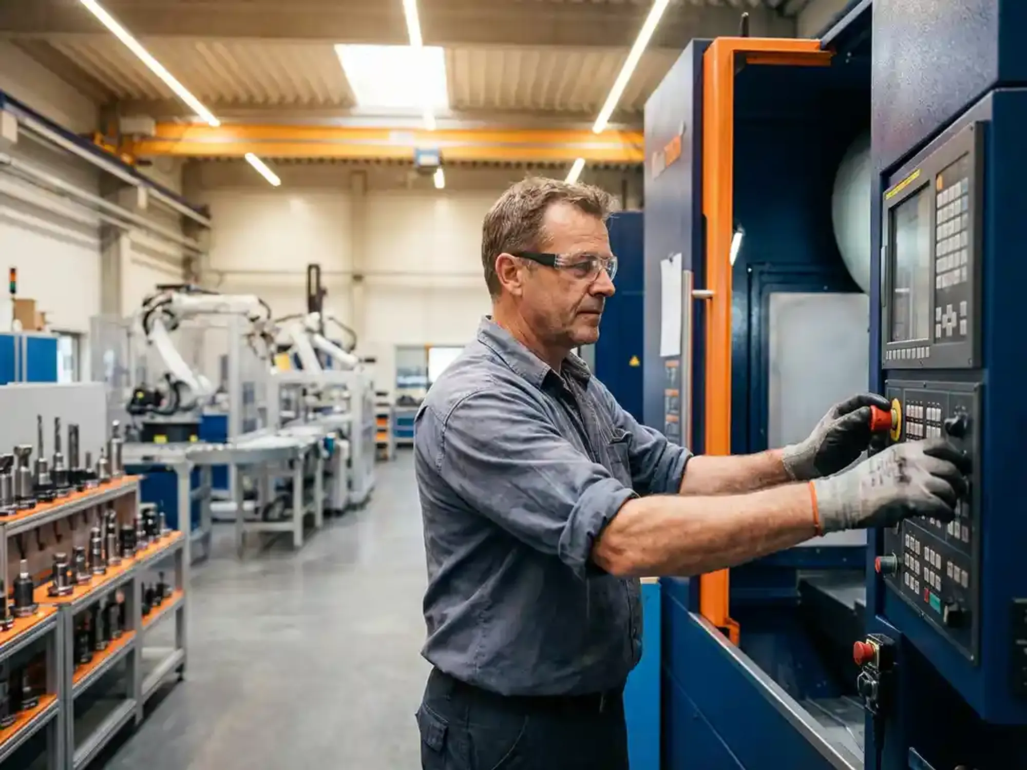 CNC-machineoperator stelt precisieregeling af op industriële freesmachine in moderne fabriek met gereedschapsstations