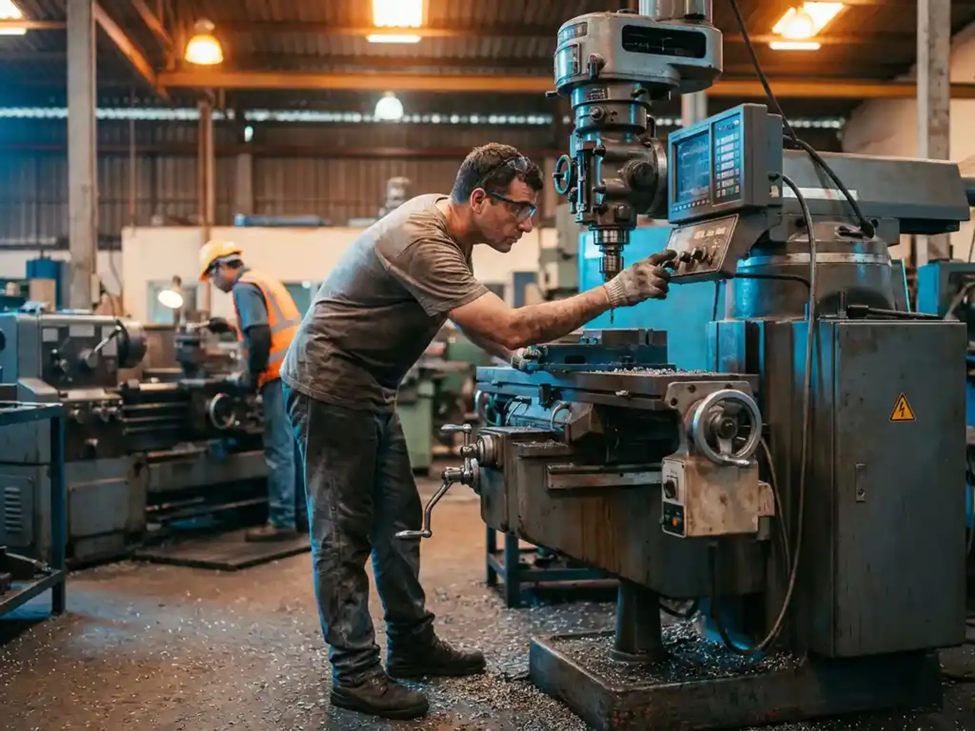 CNC-operator stelt precisie-instellingen bij op industriële freesmachine in fabriek met metaalspanen op de vloer