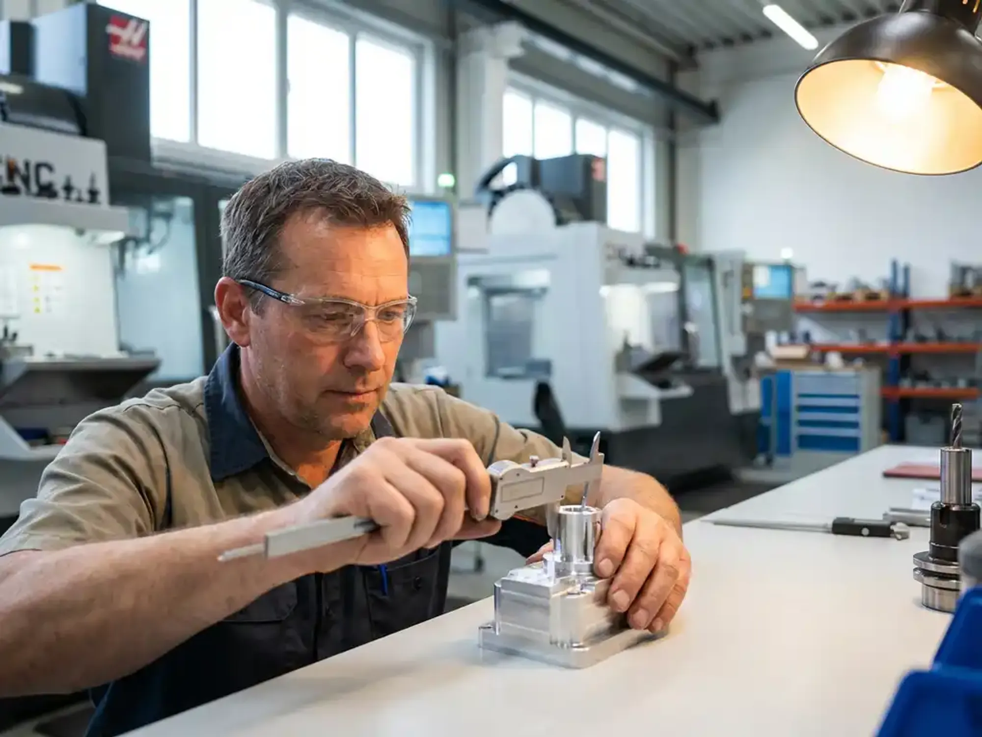 CNC-operator meet digitale schuifmaat precisie-onderdeel in moderne werkplaats met warme verlichting