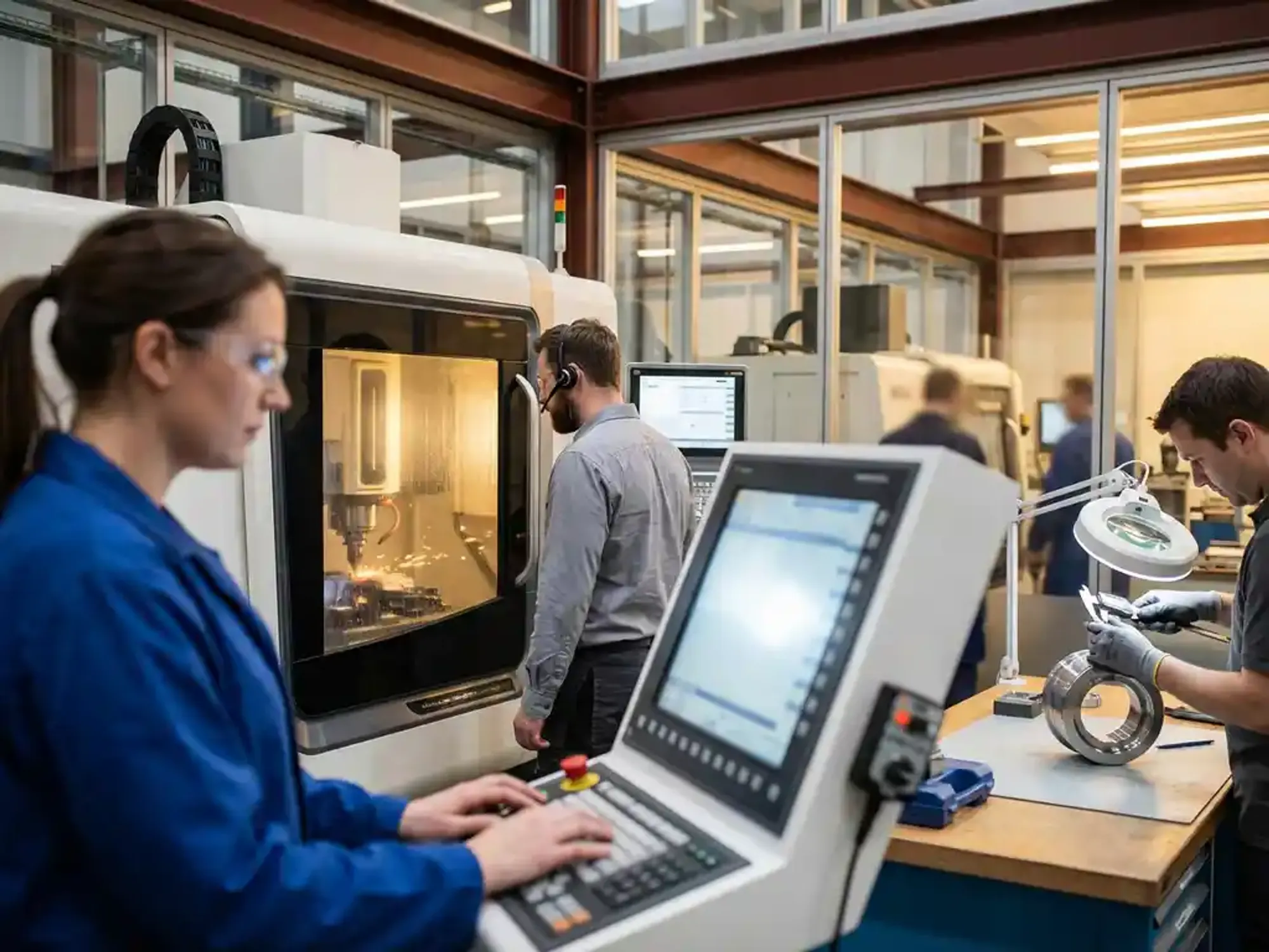 Drie technici bedienen CNC-machines in moderne productiefaciliteit, één programmeert bedieningspaneel, ander controleert precisie snijden