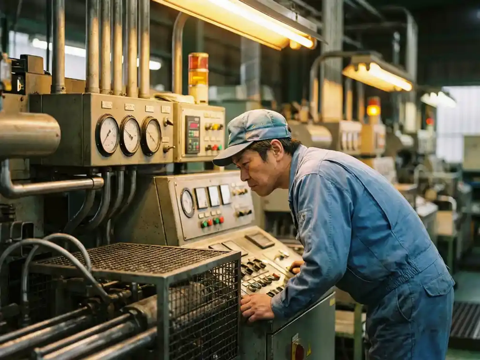 Fabrieksarbeider in blauwe overall controleert meters en bedieningspanelen van industriële machine onder warme verlichting