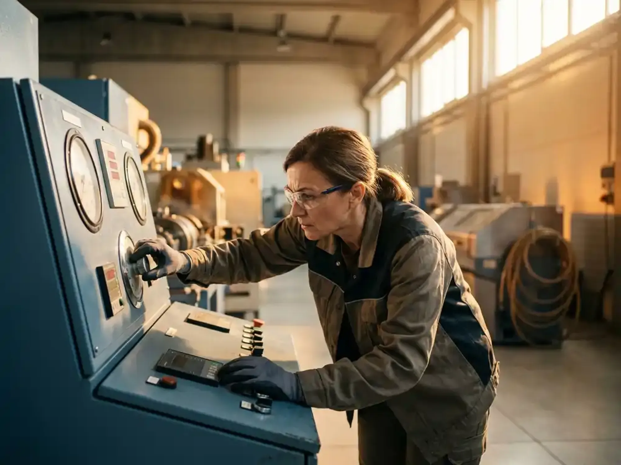 Fabrieksoperator past precisiecontroles aan op industriële machine in moderne productiehal met gouden lichtinval
