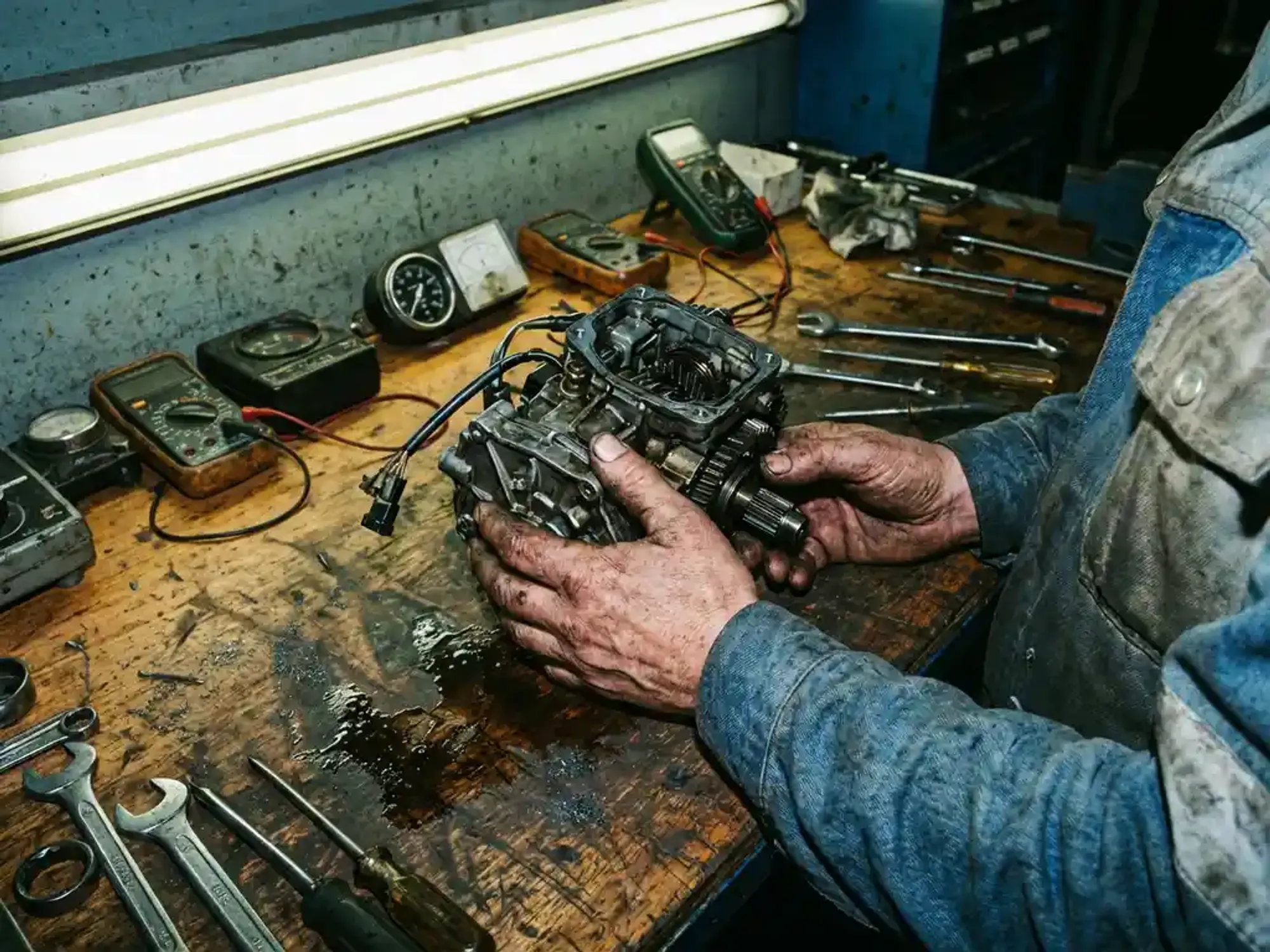 Onderhoudsmonteur houdt industrieel onderdeel vast aan werkbank met gereedschap en diagnostische apparatuur