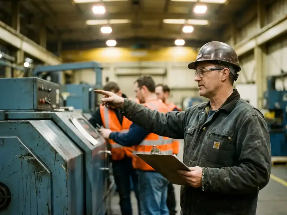 Industriële supervisor met klembord wijst naar technici die aan machines werken op drukke productievloer