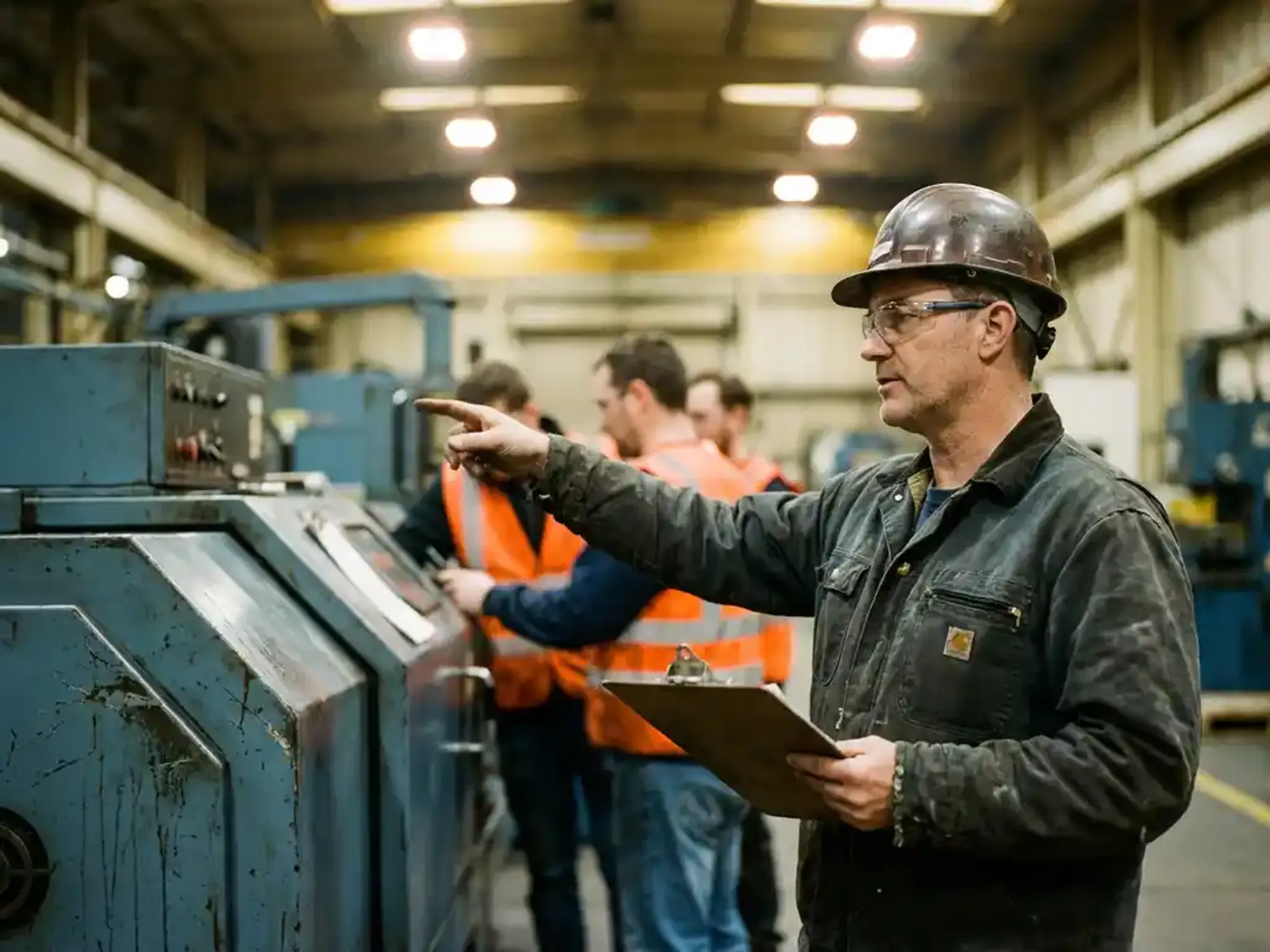 Industriële supervisor met klembord wijst naar technici die aan machines werken op drukke productievloer