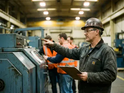 Industriële supervisor met klembord wijst naar technici die aan machines werken op drukke productievloer