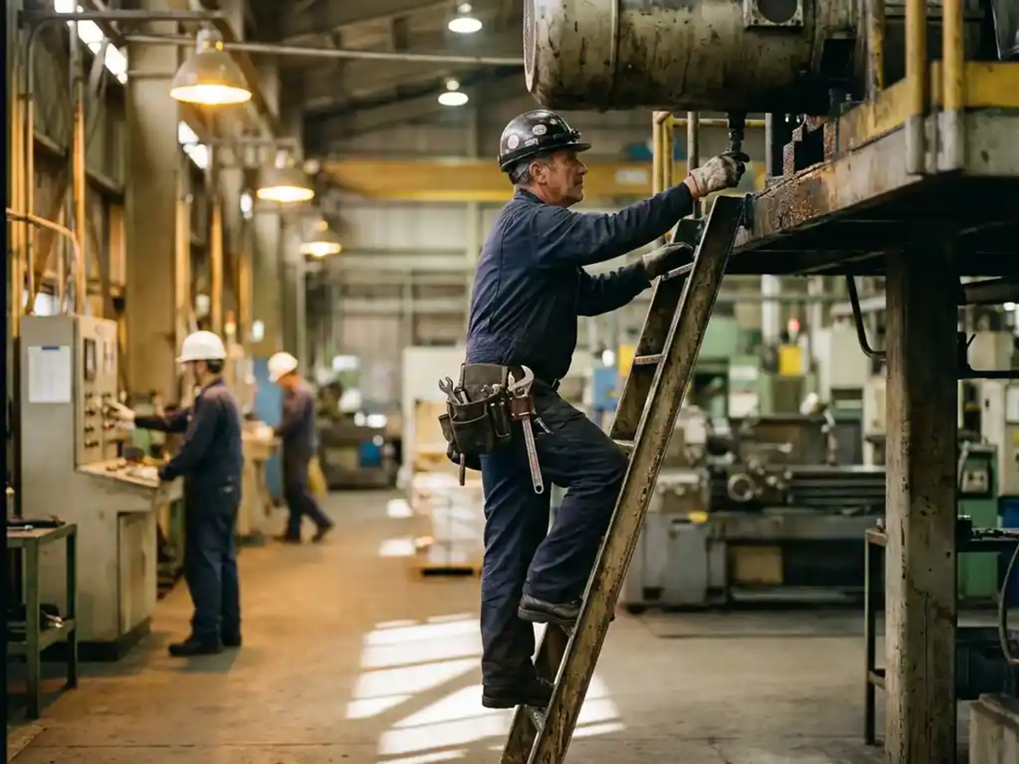 Technicus in blauwe overall klimt ladder in industriële fabriek met gereedschap aan riem, collega's op achtergrond