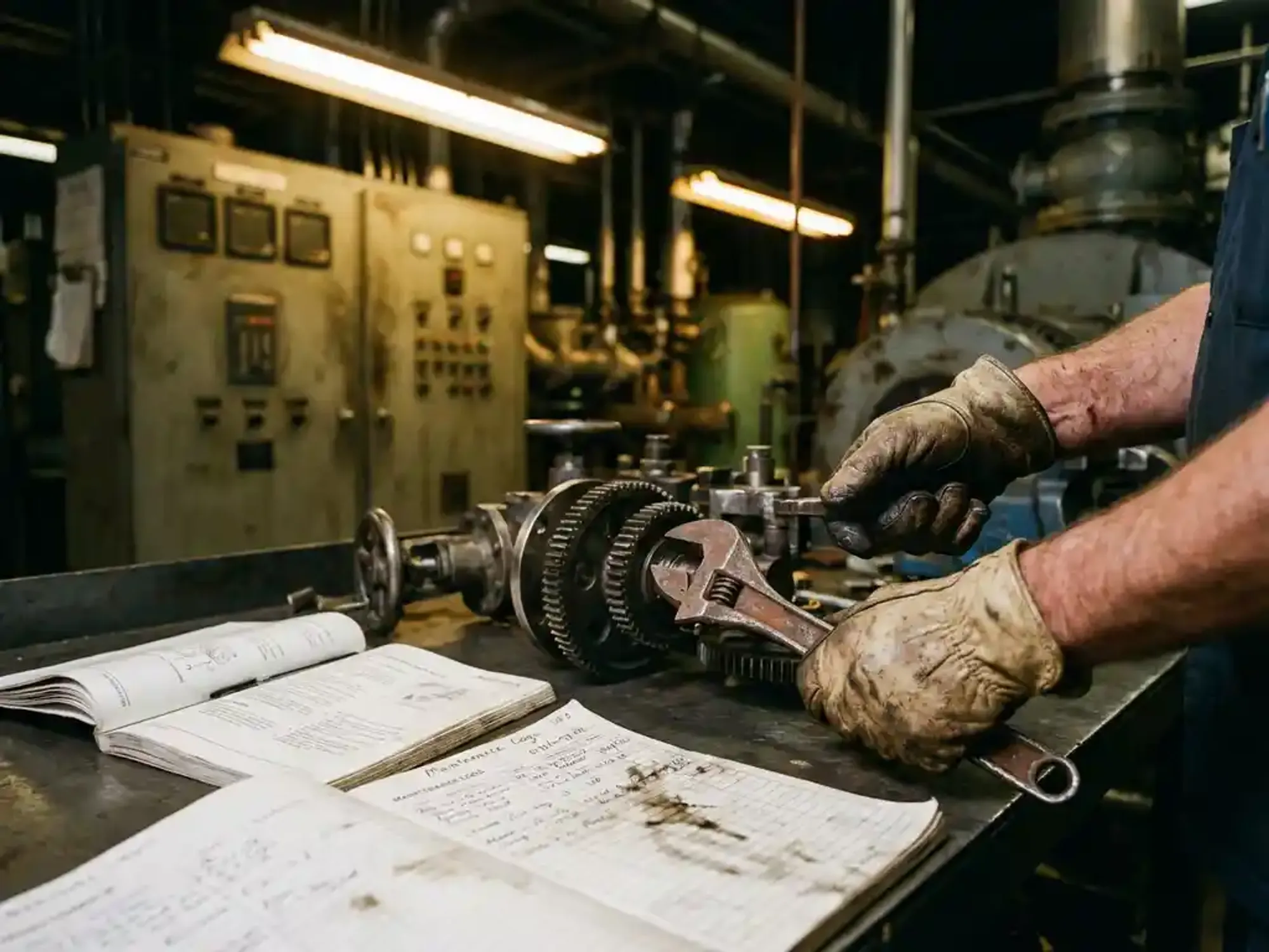 Industriële technicus past precisiemachineonderdelen aan met gereedschap op werkbank in fabriek