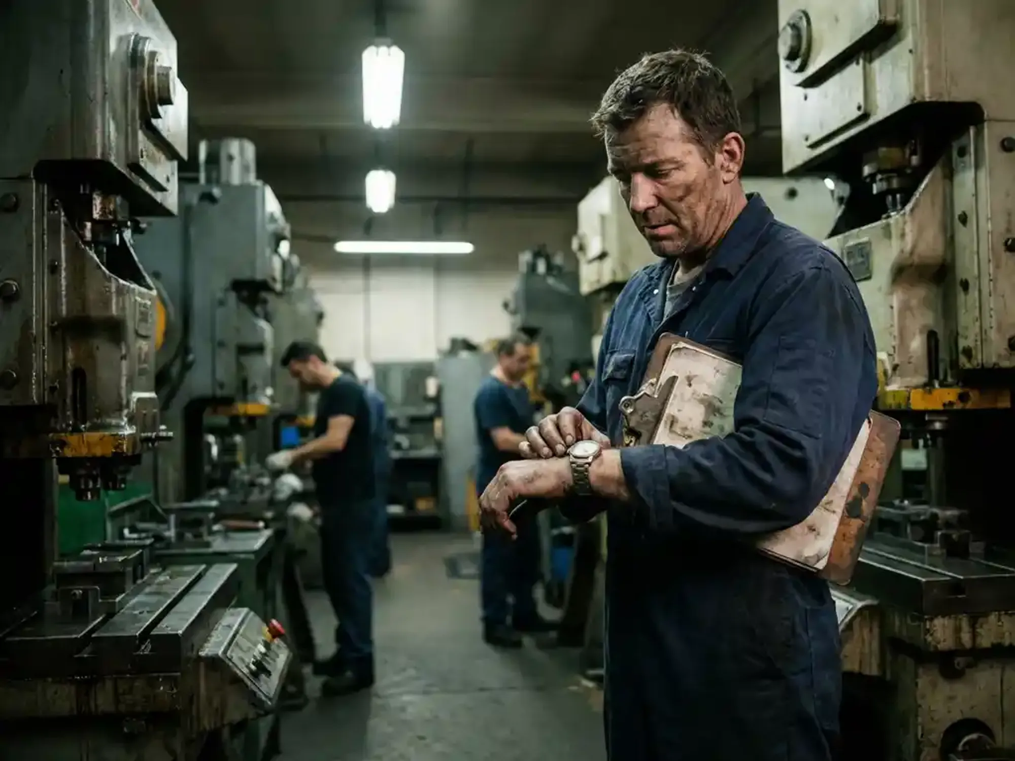 Industriële arbeider in marineblauwe overall controleert horloge naast zware fabrieksmachines op betonnen vloer