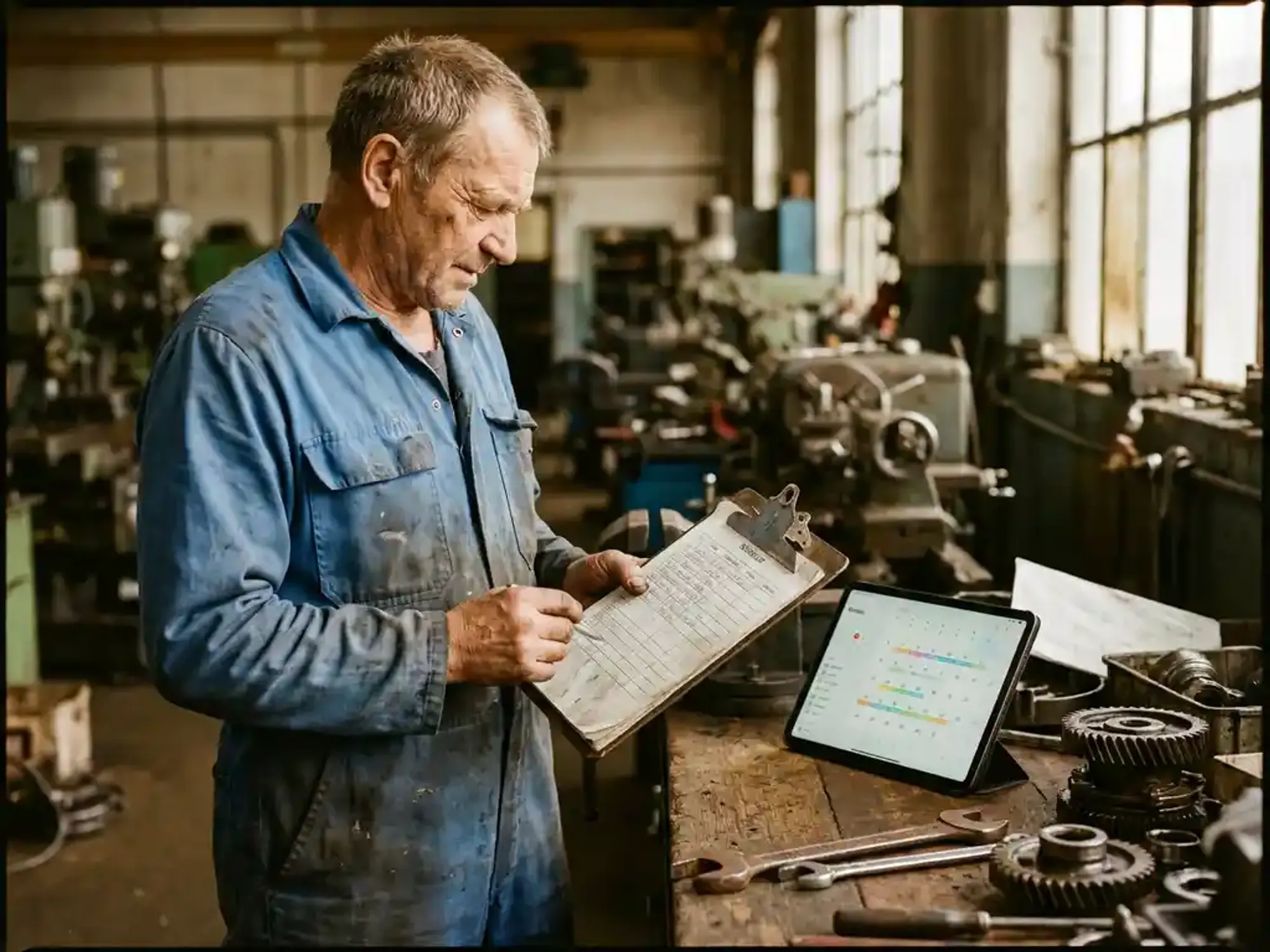 Industriële arbeider in blauwe overall controleert papieren dienstroosters naast digitale tablet op werkbank