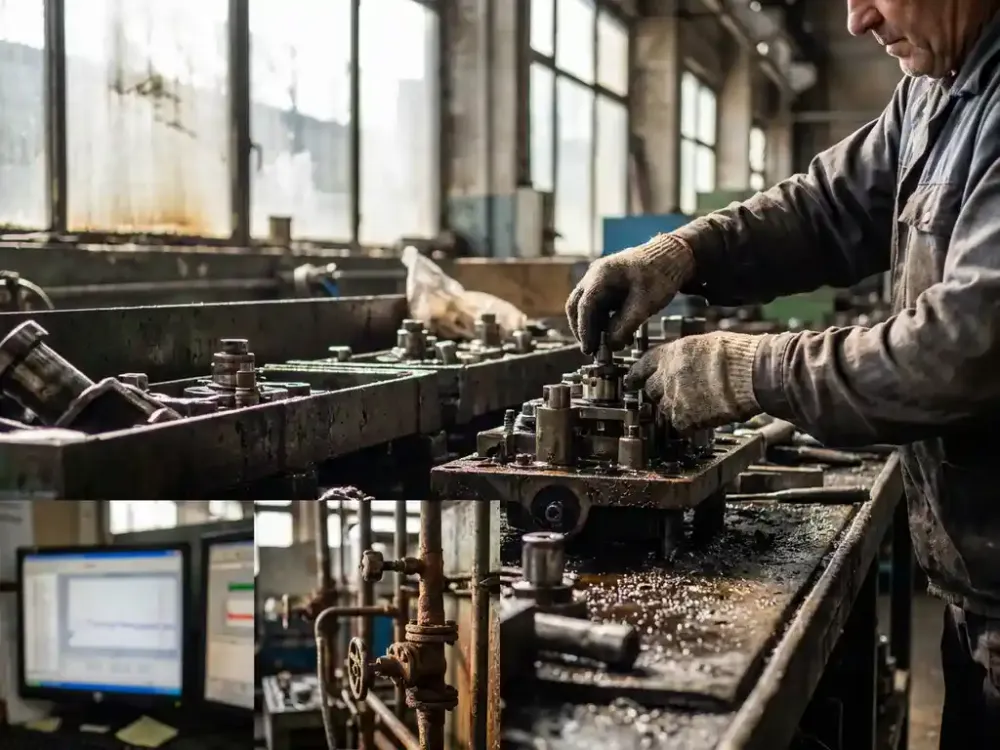 Industriële arbeider past precisie-onderdelen aan op productiemachine in fabriek met werkbank en gereedschap
