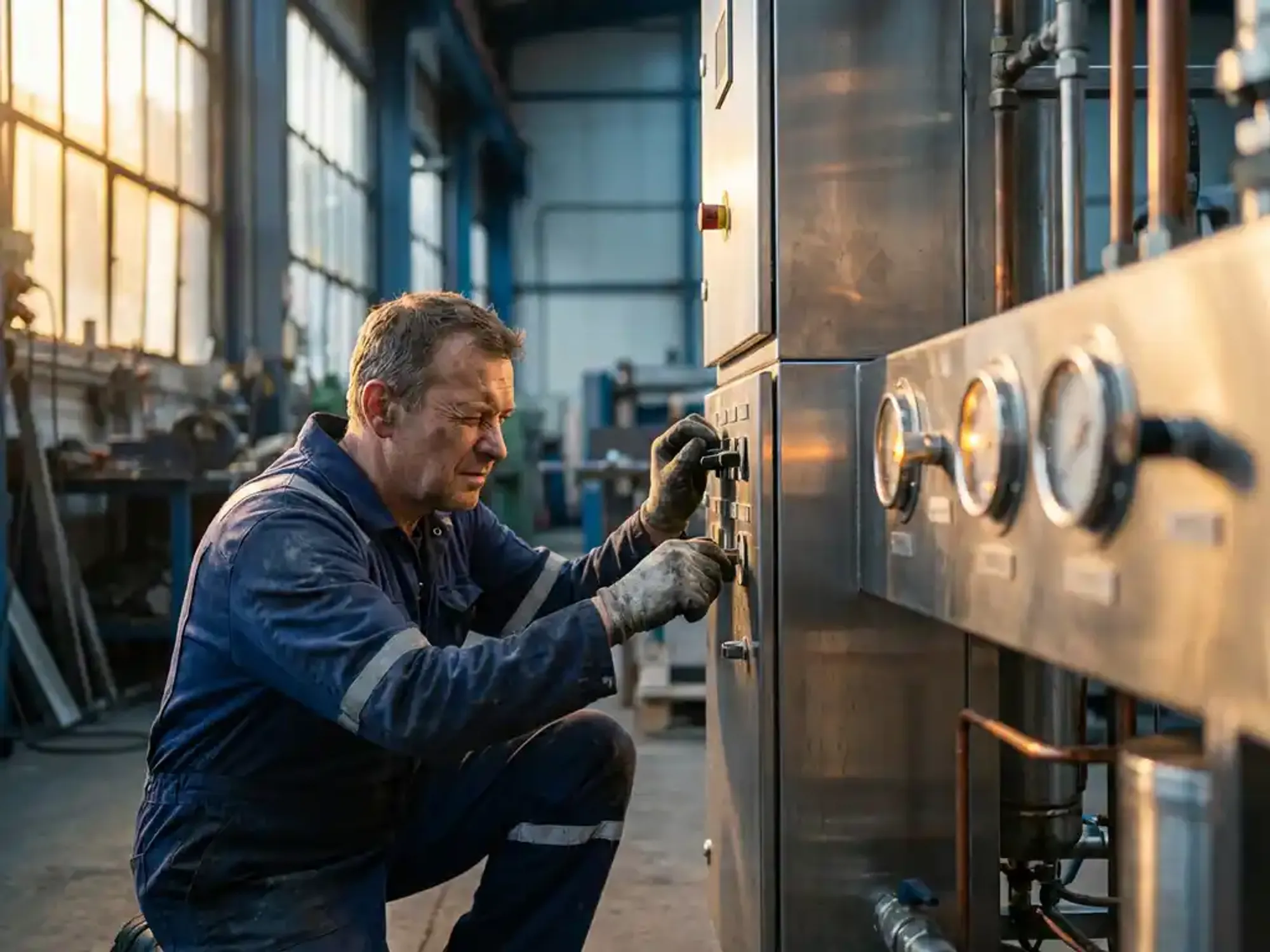 Industriële arbeider in donkerblauwe overall past precisieregeling aan op roestvrijstalen verwerkingsmachine in fabriek