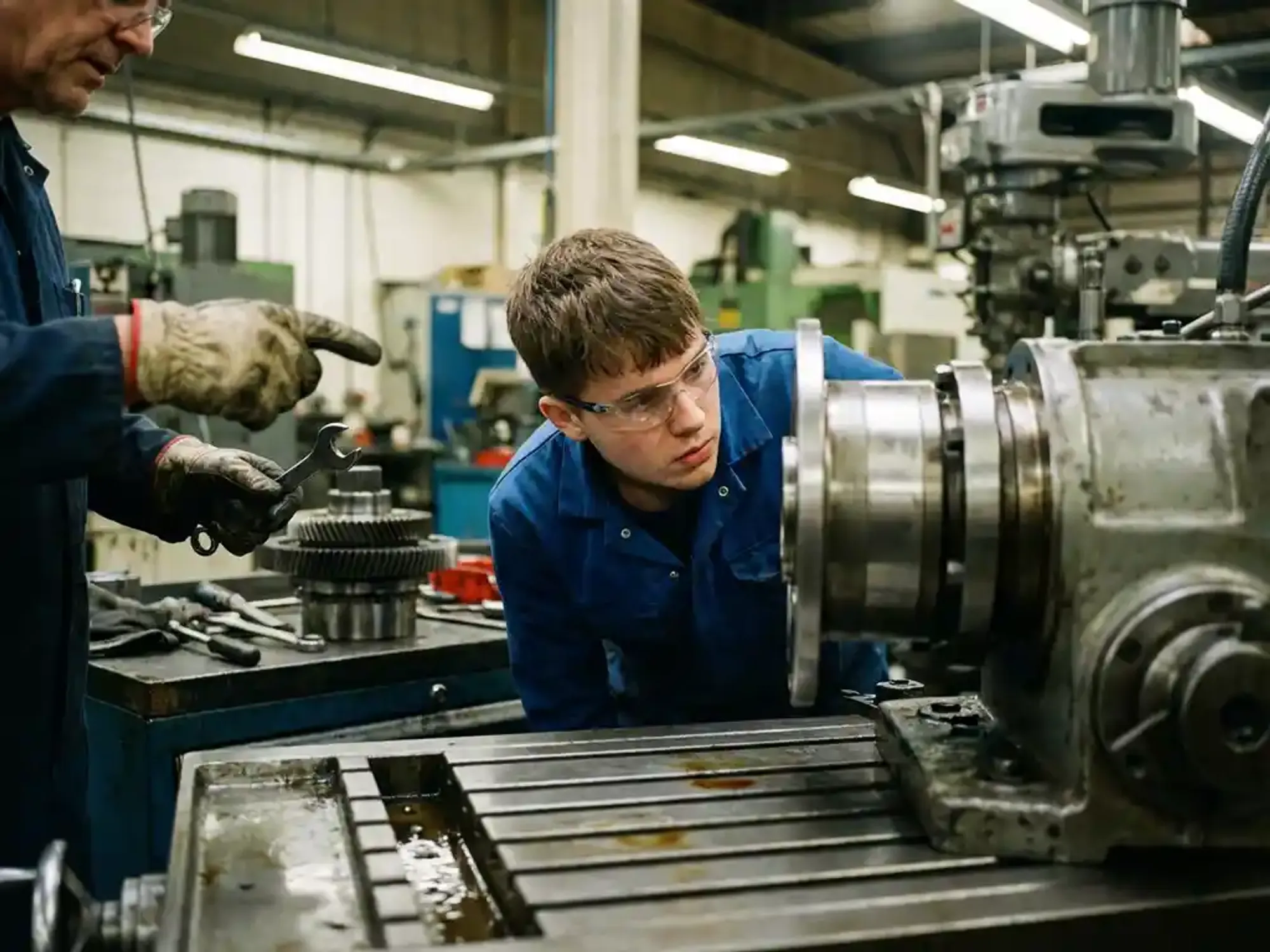 Jonge technicus onderzoekt industriële machineonderdelen onder begeleiding van ervaren collega in moderne fabriek