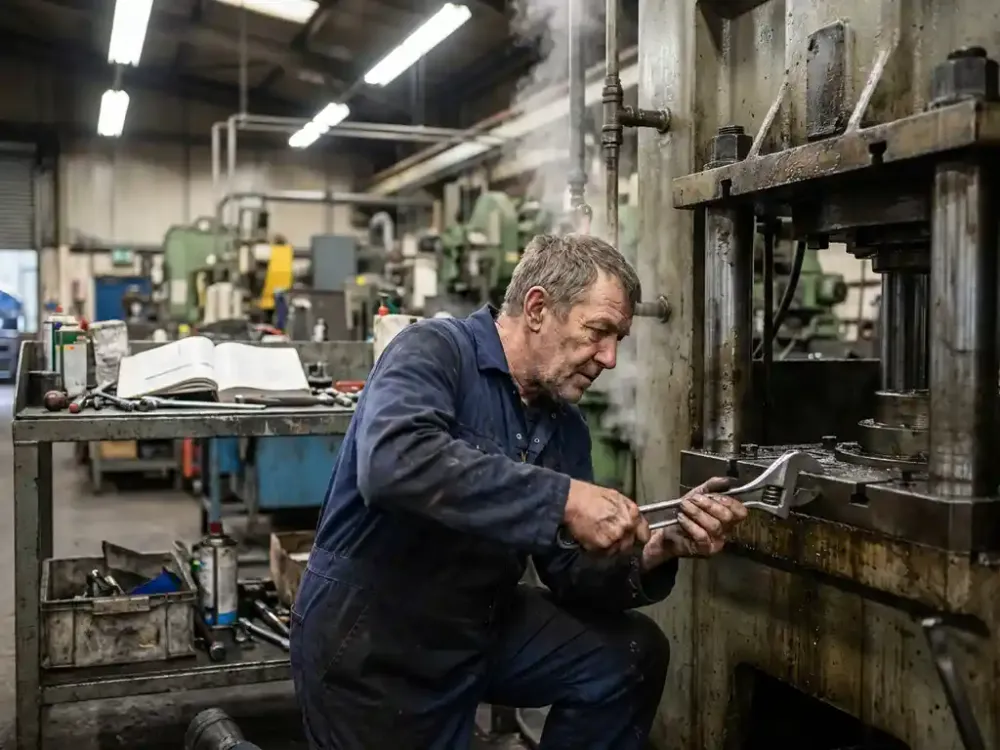 Onderhoudstechnicus in blauwe overall past industriële machine aan met gereedschap in heldere fabriek