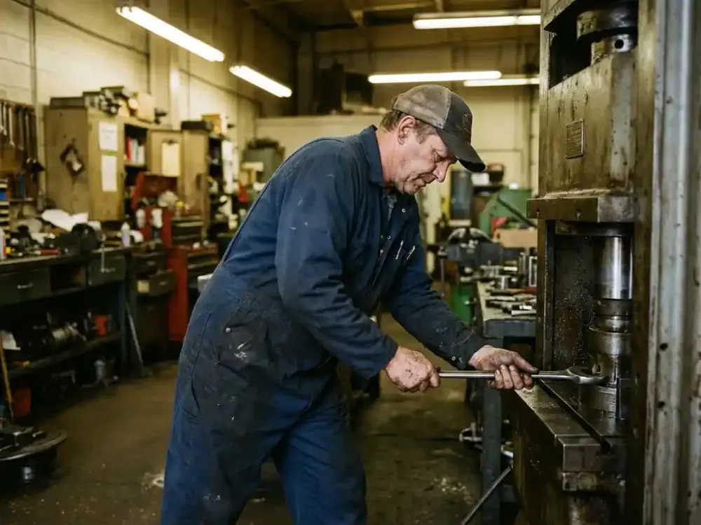 Onderhoudstechnicus in blauwe overall stelt industriële machine bij met sleutel in werkplaats vol gereedschap