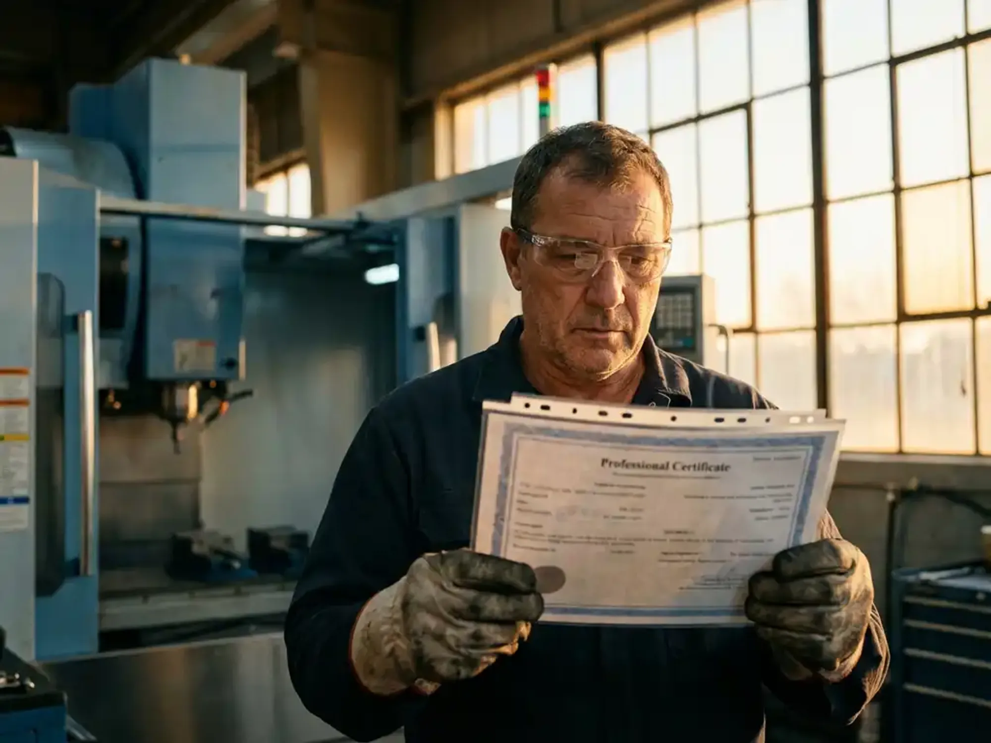 Industriële operator met veiligheidsbril en werkhandschoenen bestudeert certificaat naast CNC-machine in moderne fabriek