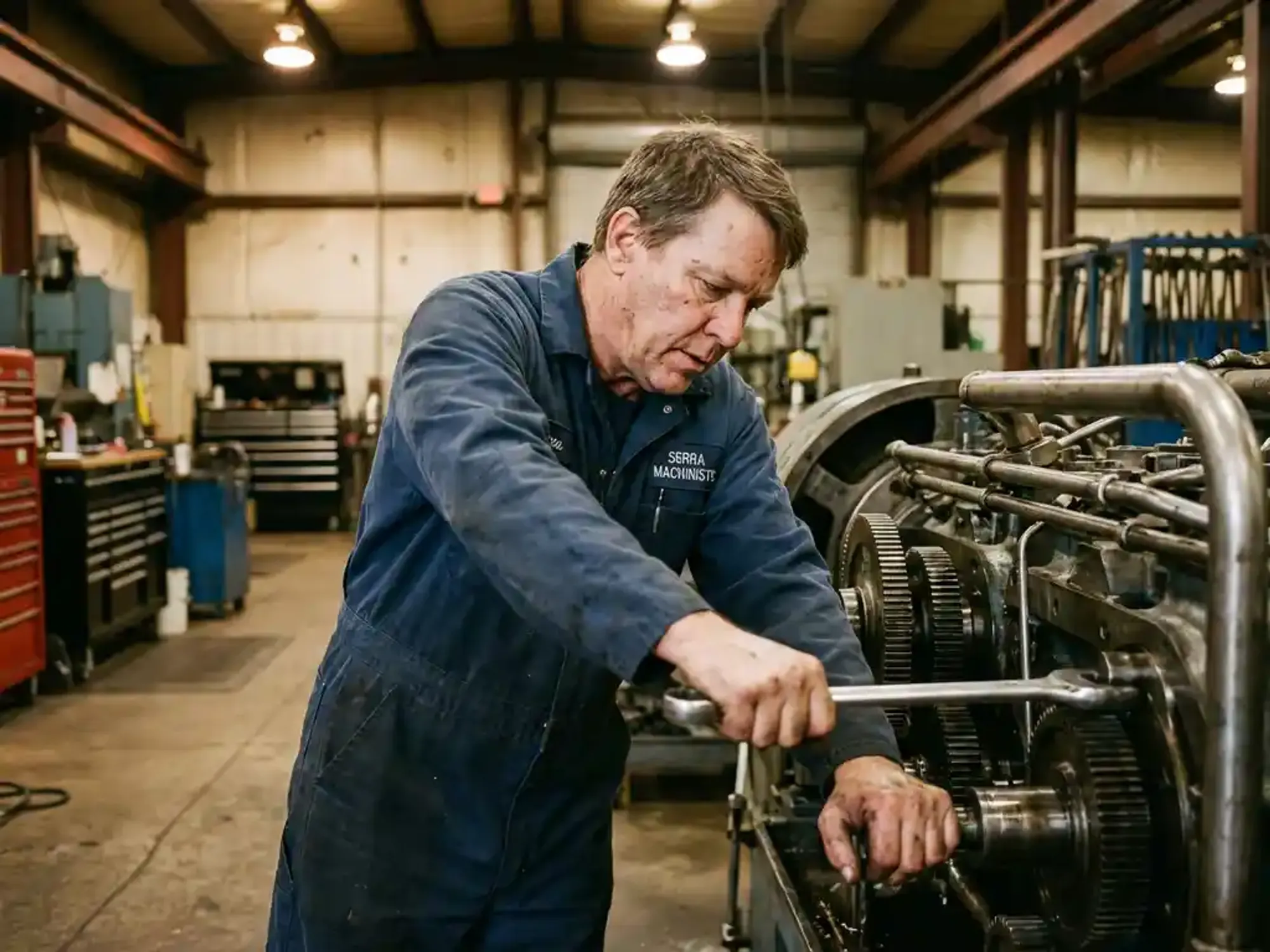 Technicus in blauwe overall past industriële machine aan met moersleutel in goed verlichte fabriek