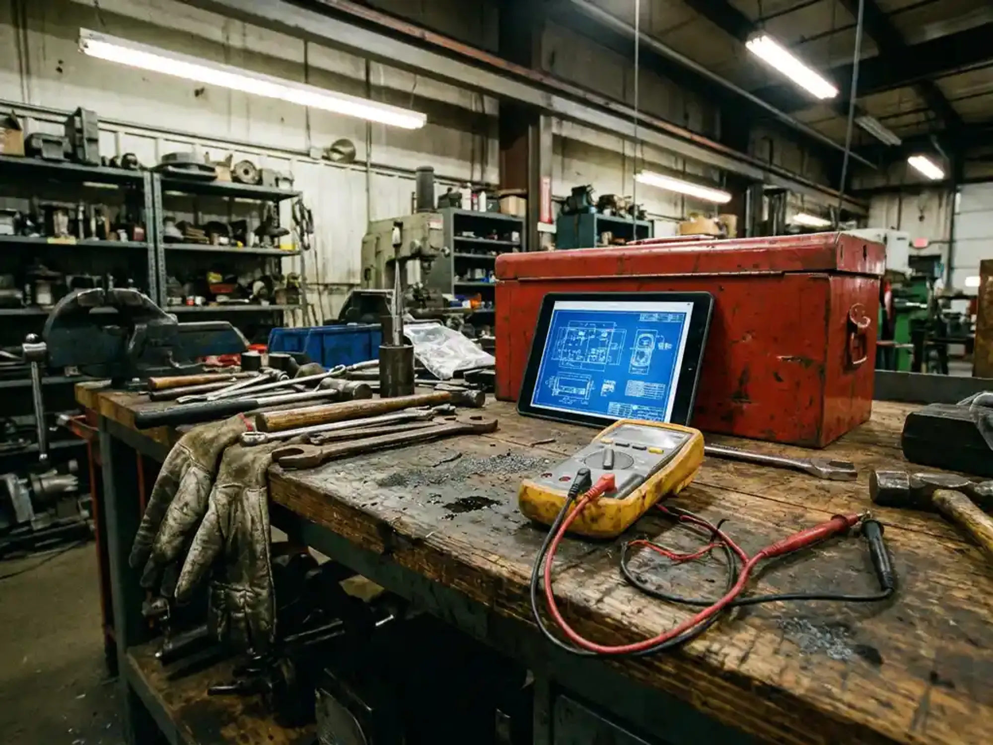 Verweerde werkbank in industriële werkplaats met gereedschap, multimeter, moersleutels en tablet met technische schema's