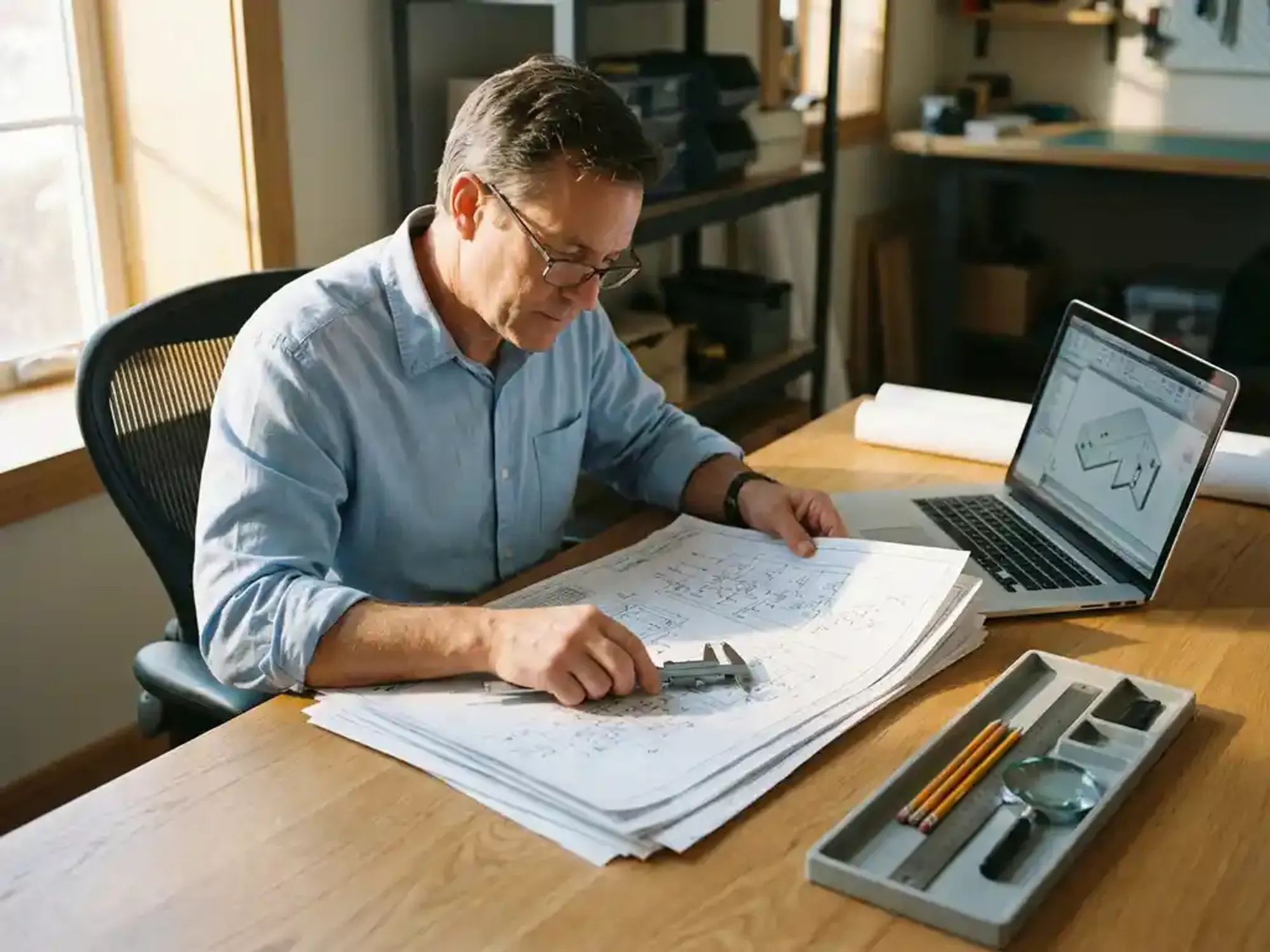 Ingenieur bestudeert technische blauwdrukken aan houten bureau met laptop en meetgereedschap bij raam