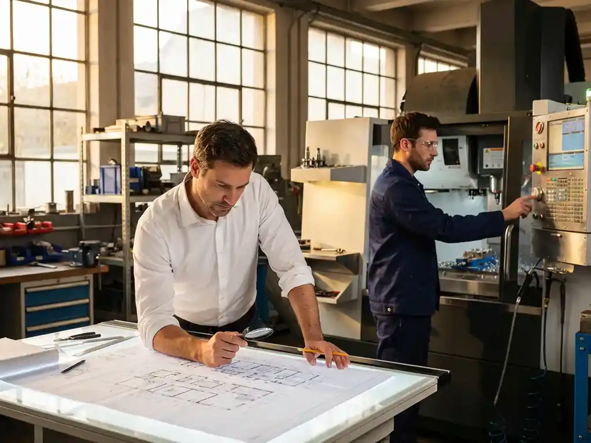 Ingenieur bestudeert technische blauwdrukken aan tekentafel terwijl technicus CNC-machine bedient in moderne werkplaats