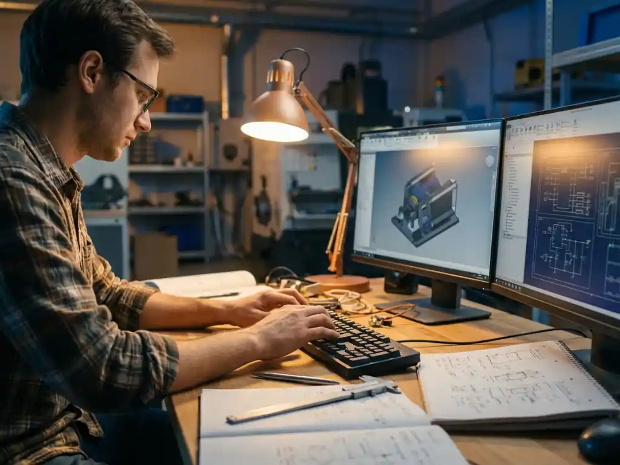 Ingenieur werkt geconcentreerd aan dual-monitor werkstation met CAD-software, meetinstrumenten en notitieblokken op bureau