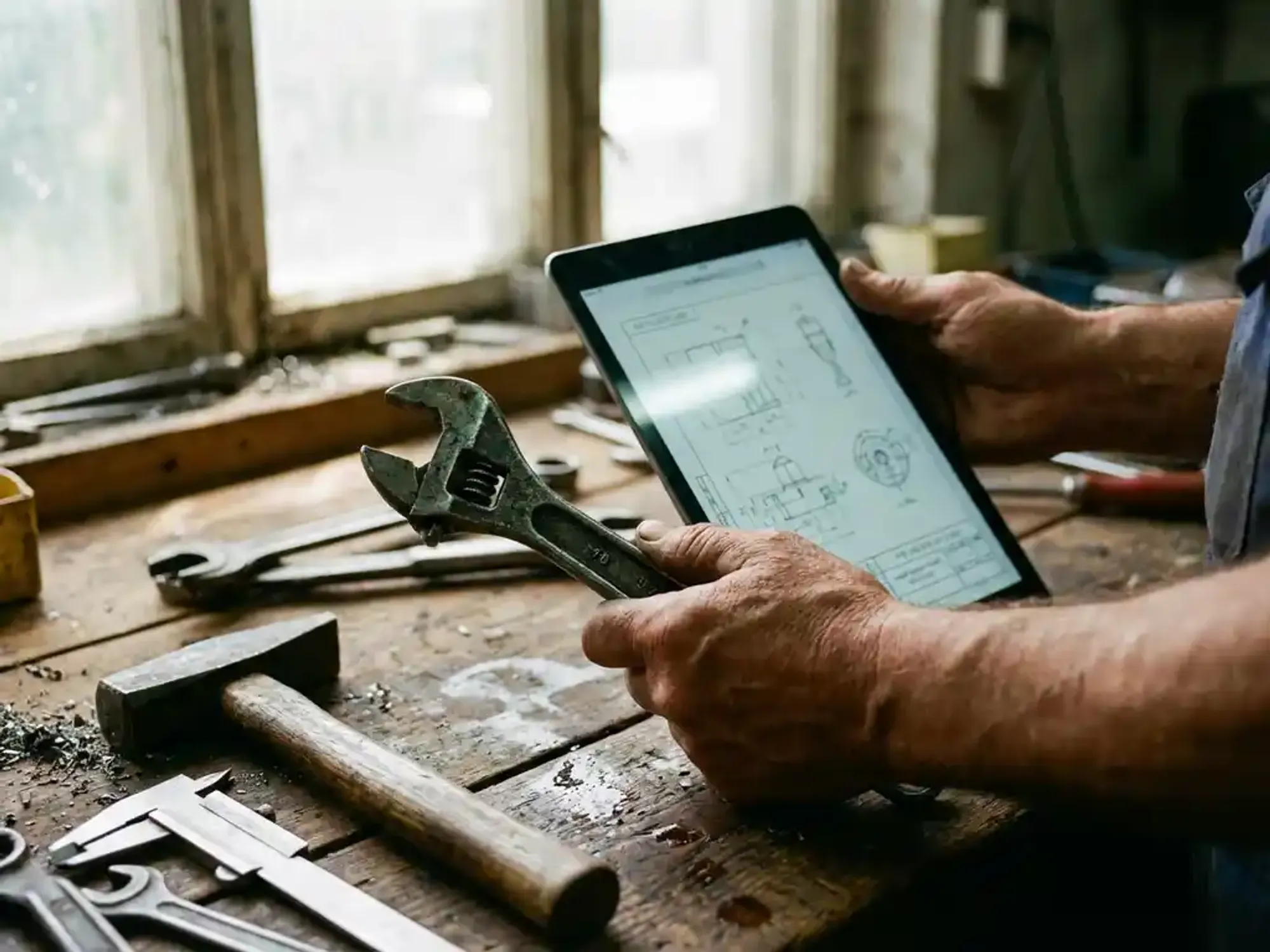 Verweerde handen van ingenieur houden mechanische sleutel en digitale tablet met technische schema's op werkbank