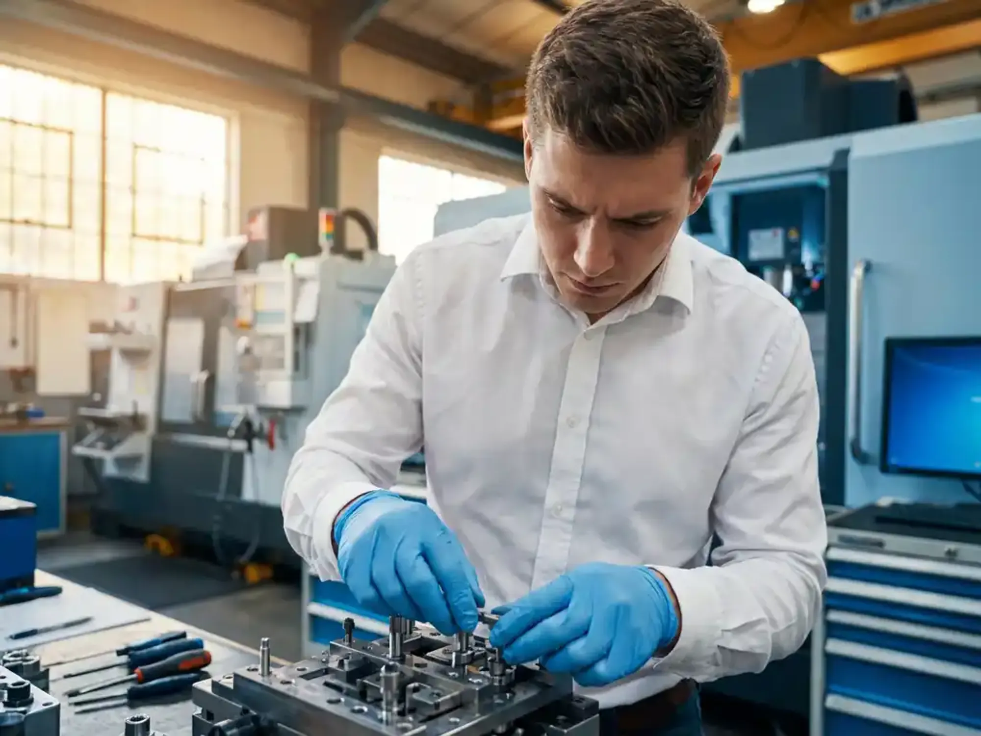 Jonge ingenieur in wit overhemd stelt precisiemachineonderdelen bij in moderne industriële werkplaats met CNC-machines