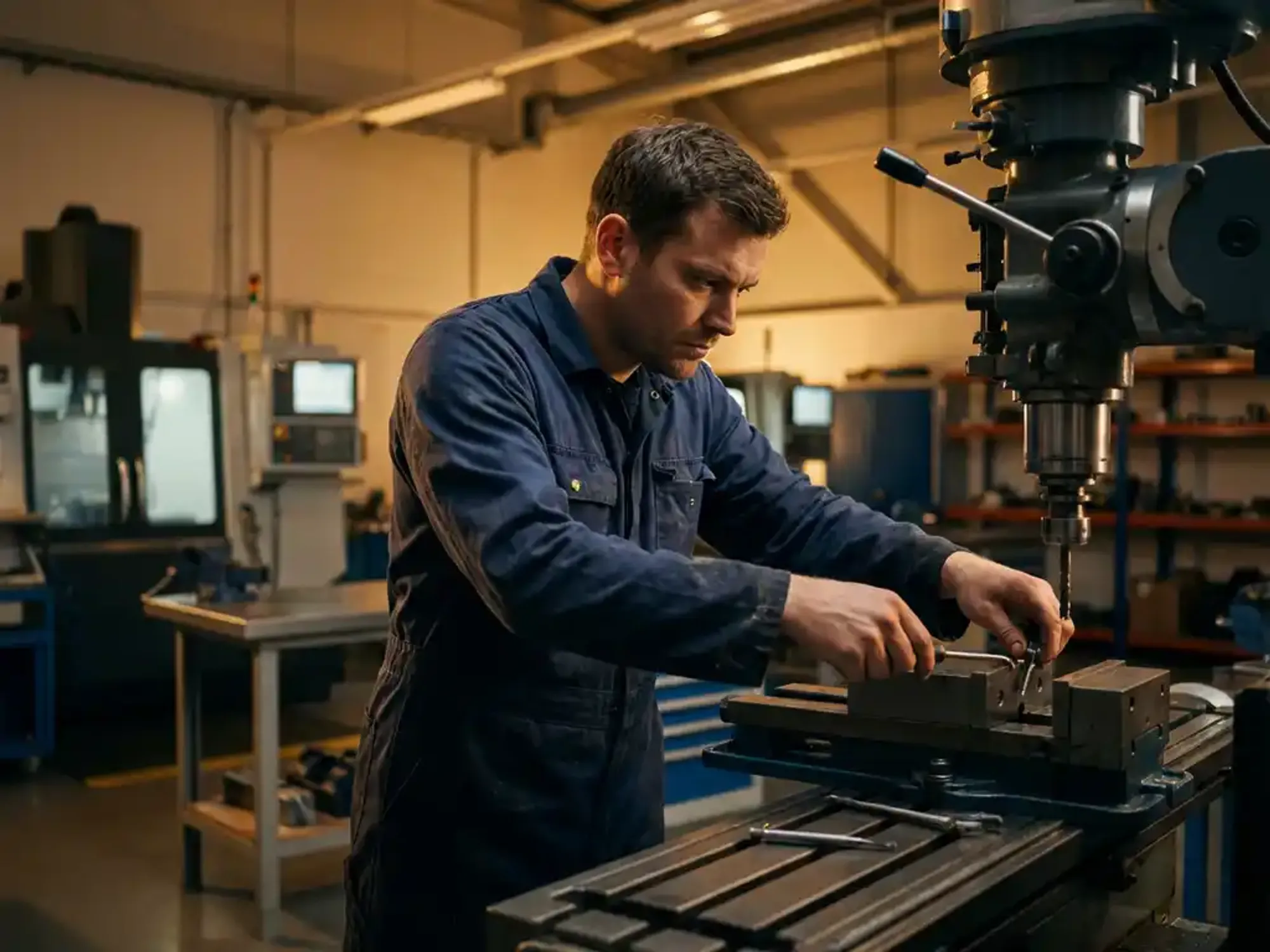Ingenieur in donkerblauwe werkkleding stelt precisiemachines af met gespecialiseerde gereedschappen in moderne industriële werkplaats