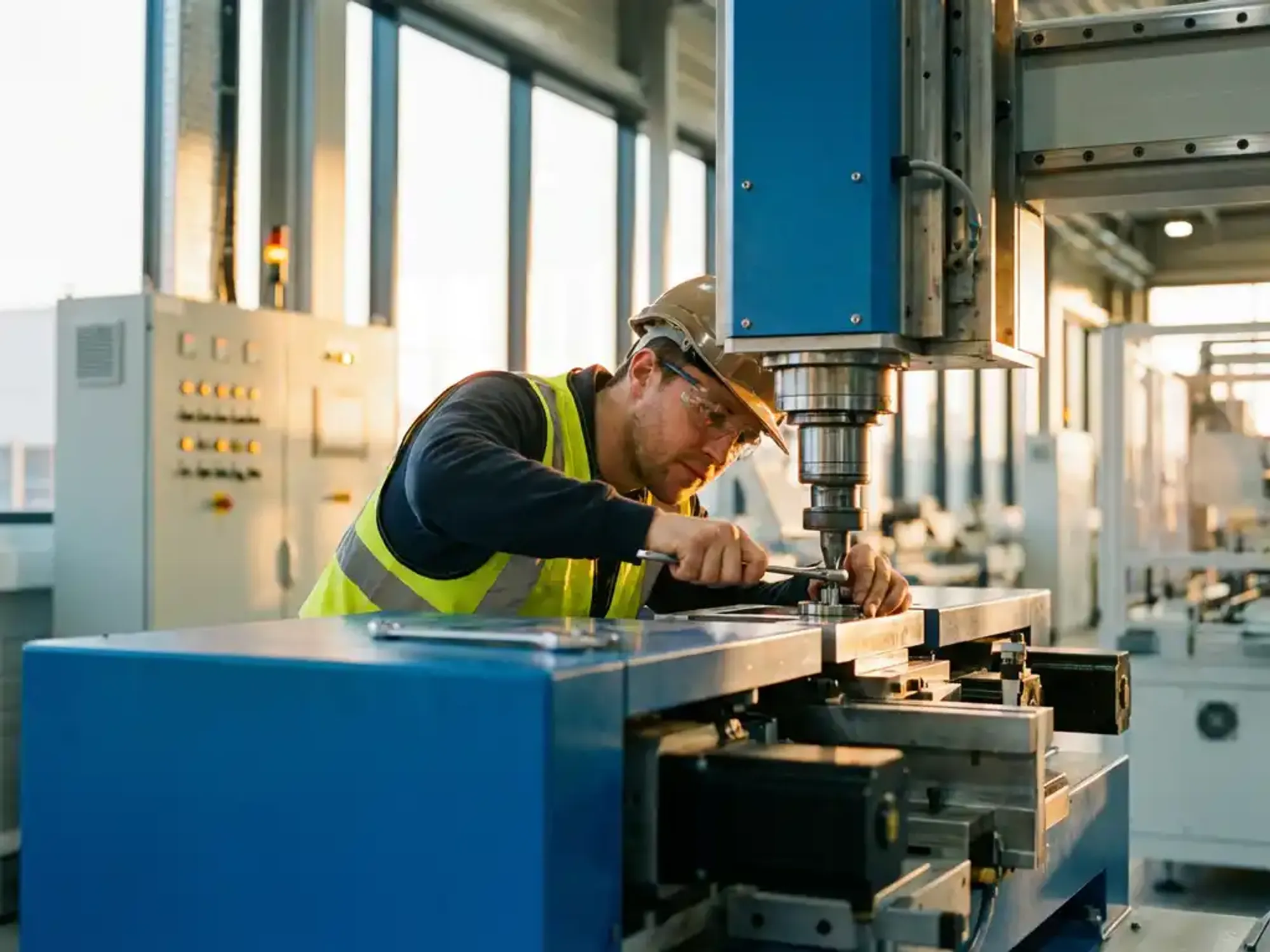 Ingenieur in veiligheidsuitrusting stelt precisiemachines af in moderne industriële faciliteit met warme verlichting