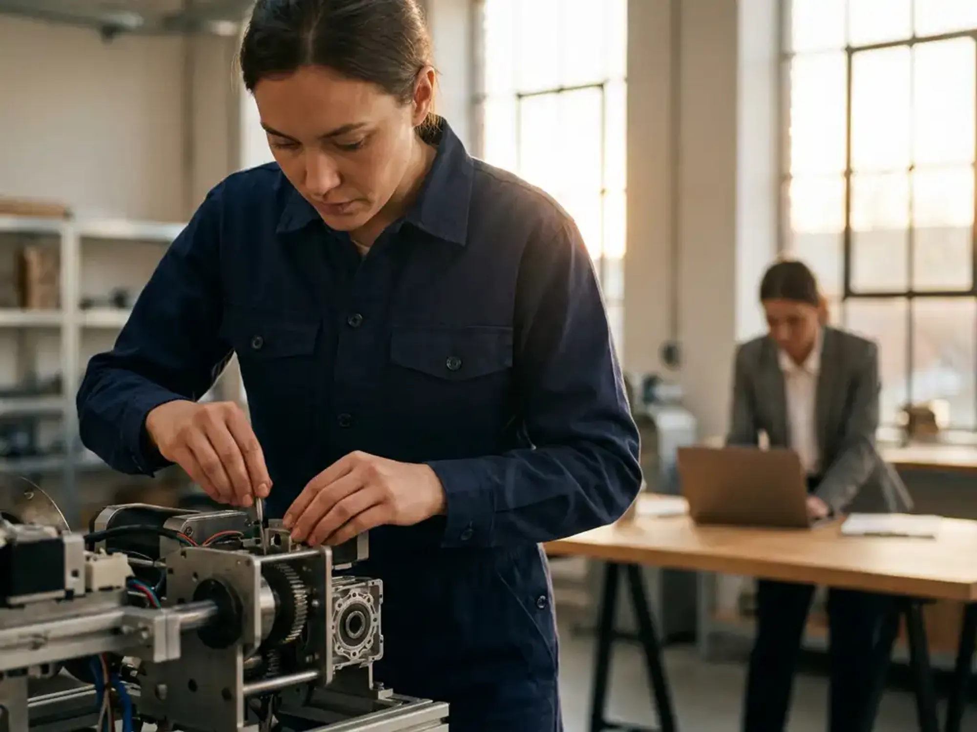 Ingenieur in marineblauw werkhemd stelt precisiemachines af in moderne werkplaats terwijl collega op laptop werkt