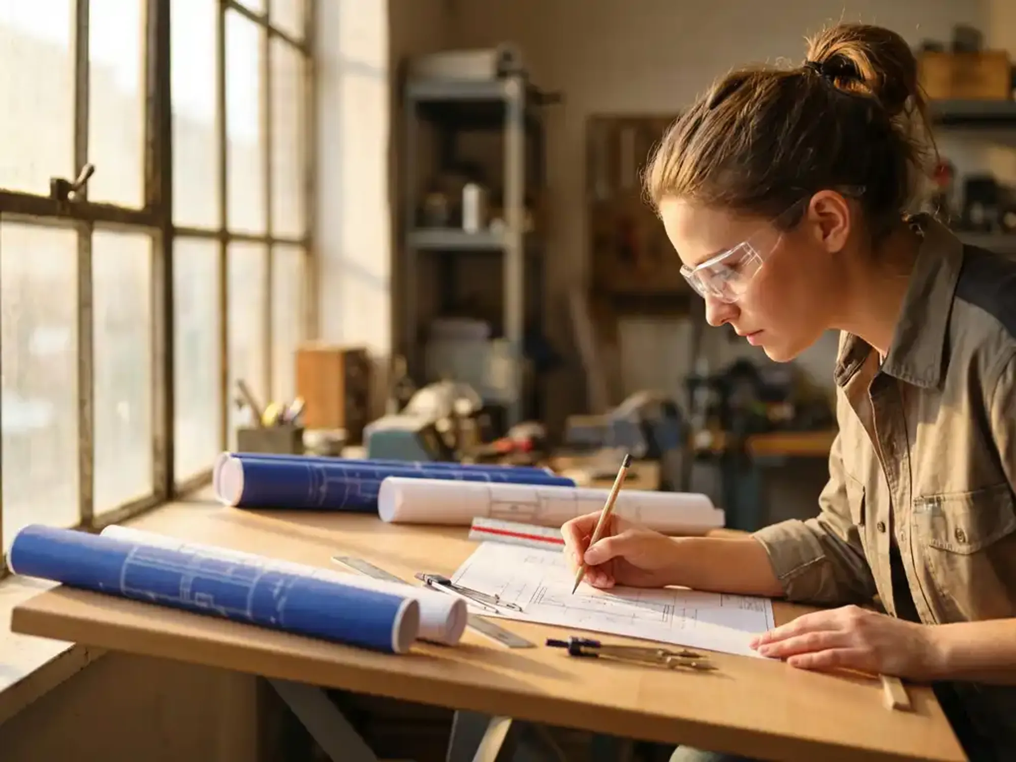 Ingenieursstudent met veiligheidsbril tekent mechanische componenten aan tekentafel met blauwdrukken en precisie-instrumenten